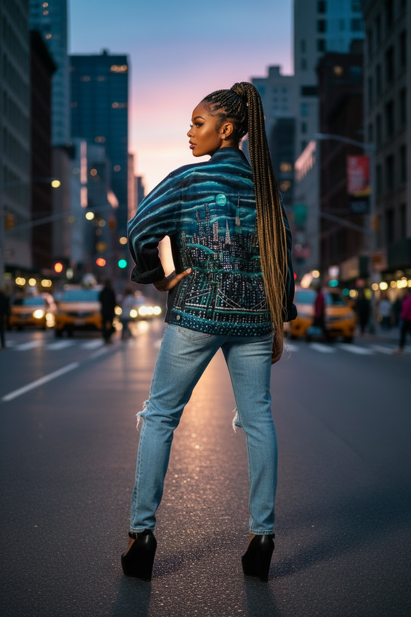 Person wearing a blue jacket with a cityscape Loria NYC Art design in an night street setting
