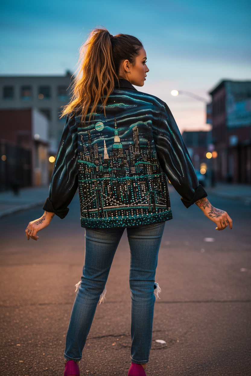 Female wearing a blue jacket with a cityscape Loria NYC Art design in an urban setting