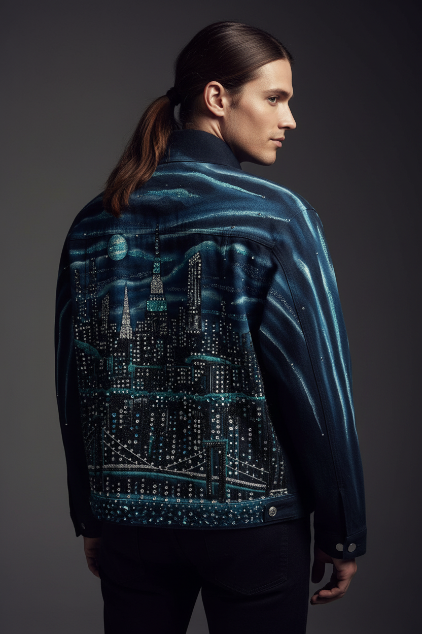A man shown from the back wearing a dark navy blue jacket with a detailed cityscape Loria NYC Art design embellished with rhinestones, set against a dark gray studio background.