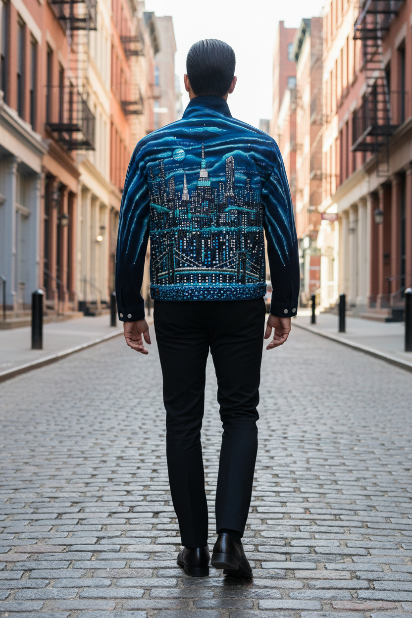 Person wearing a blue Loria NYC Art jacket walking down a city street.