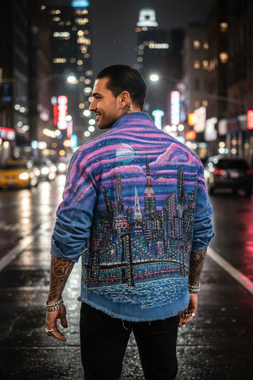 Man wearing a denim jacket with a cityscape Loria NYC Art design on a city street at night.