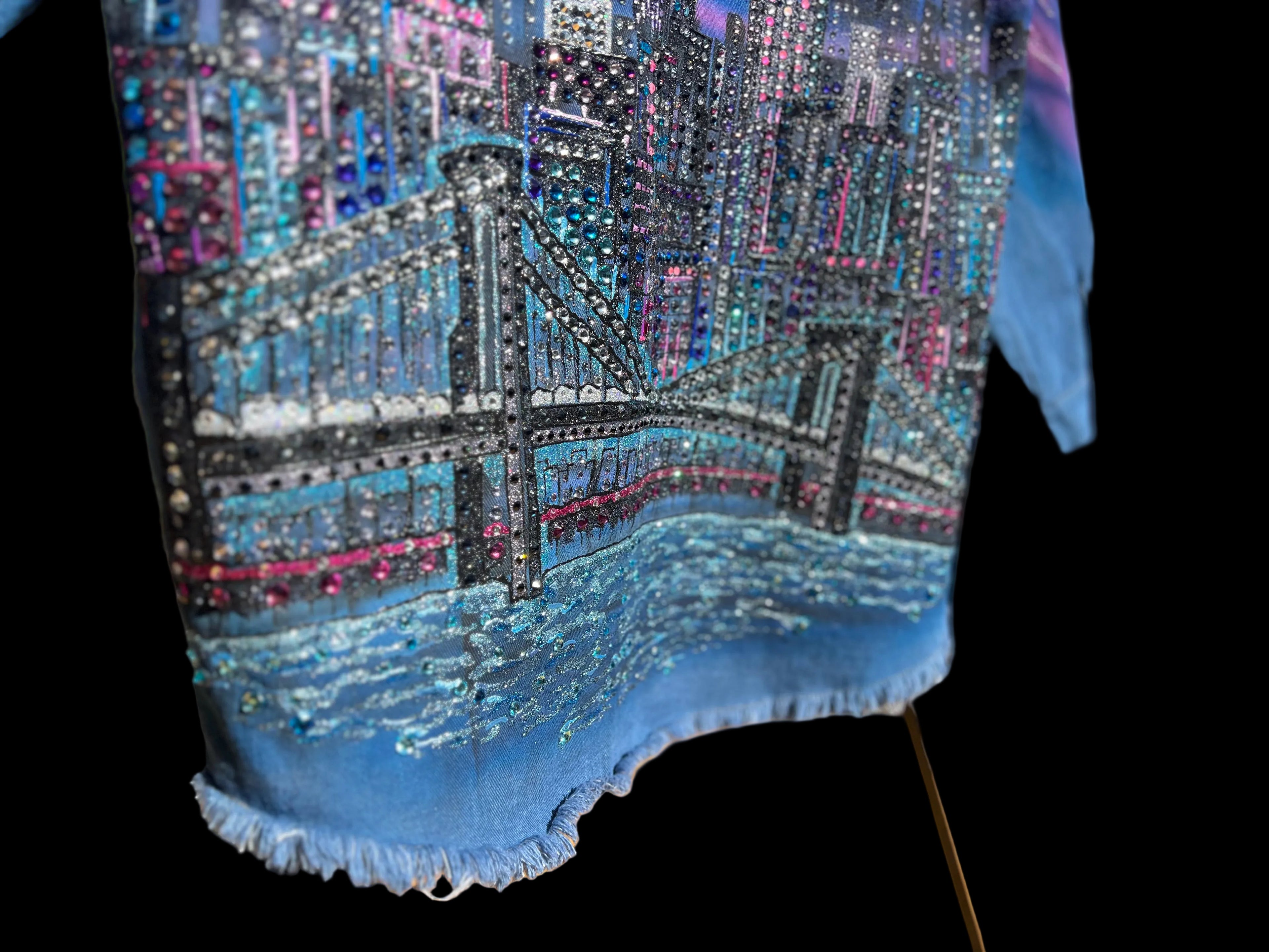 Decorative fabric with a cityscape Loria NYC Art design on a wooden surface