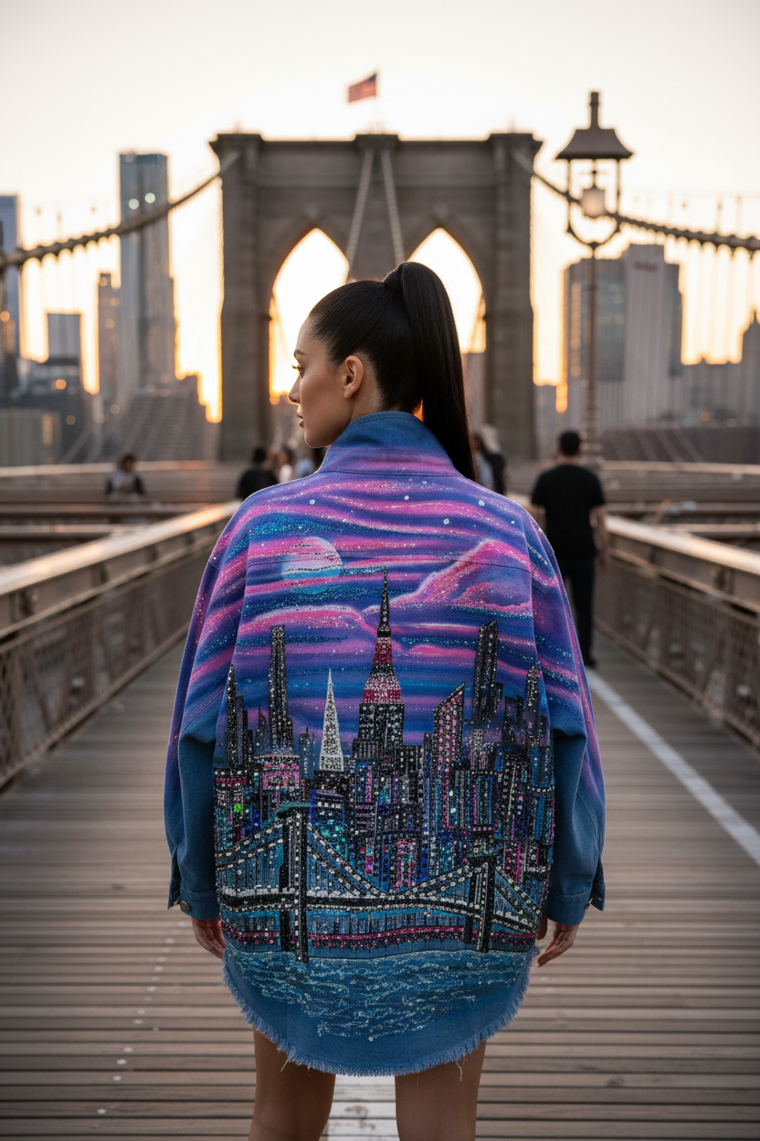 Person wearing a colorful Loria NYC Art jacket with a cityscape design on a bridge at sunset.
