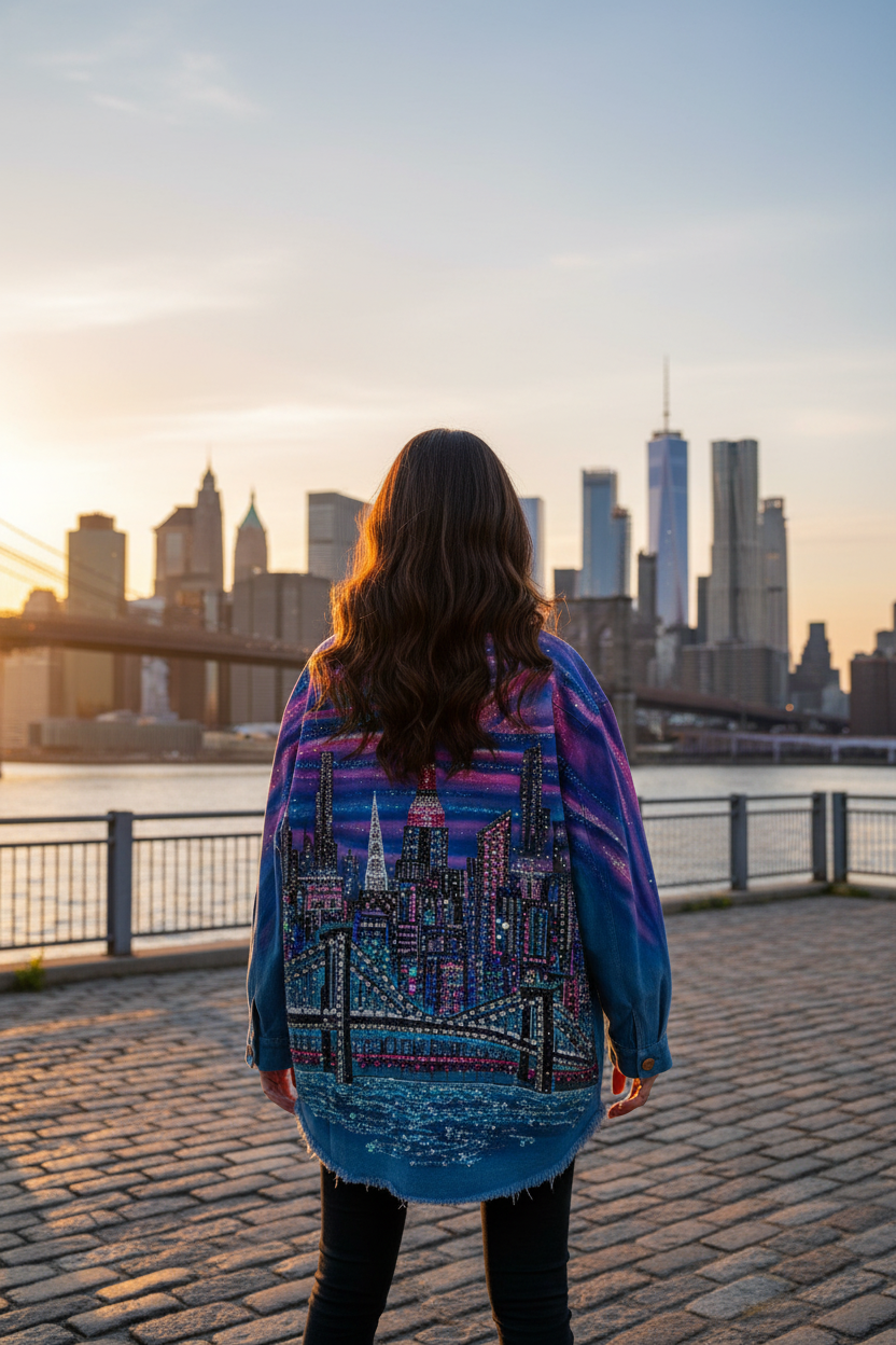 Person wearing a colorful jacket with a cityscape Loria NYC Art design, standing in front of a city skyline at sunset.