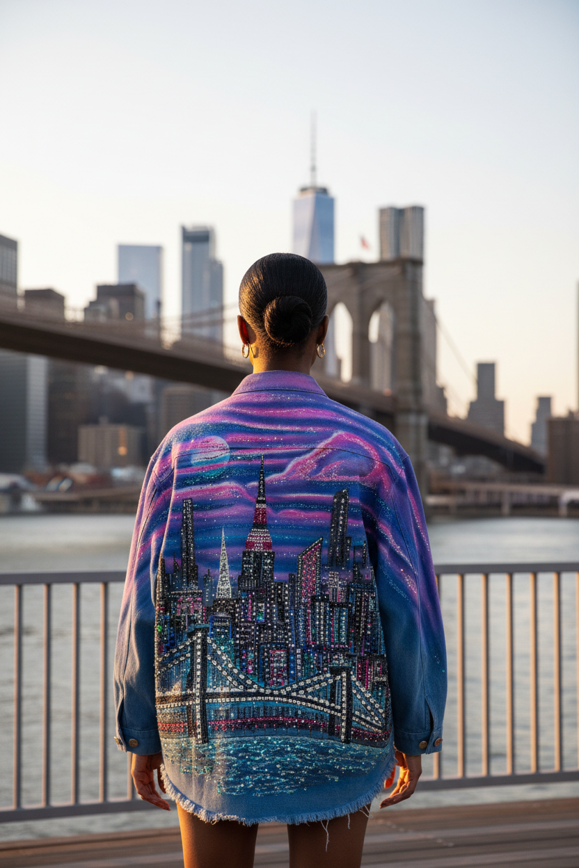 Person wearing a denim jacket with a cityscape Loria NYC Art design, standing in front of the Brooklyn Bridge.