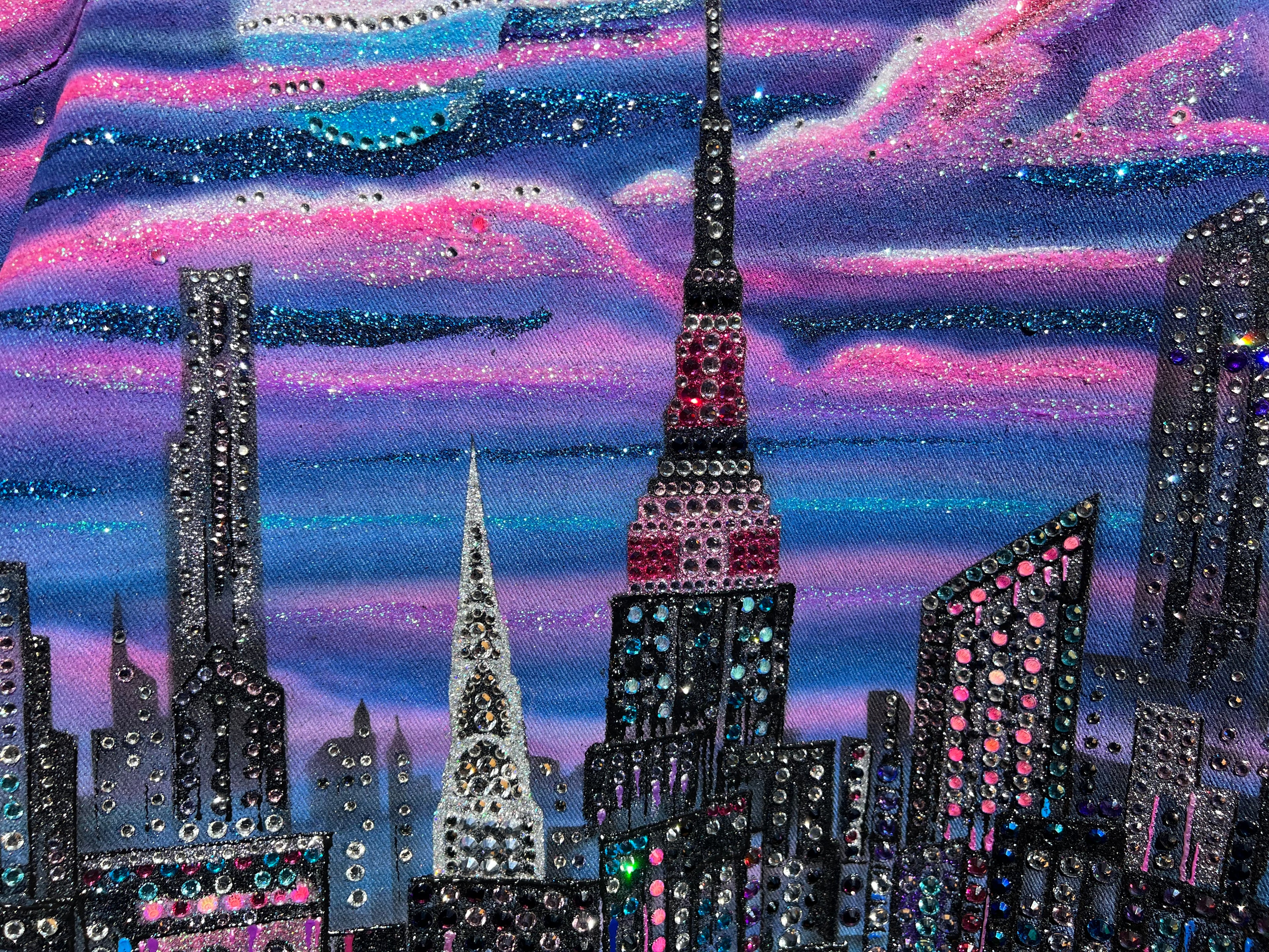 City skyline Loria NYC Art with tall buildings against a colorful, cloud-like sky.