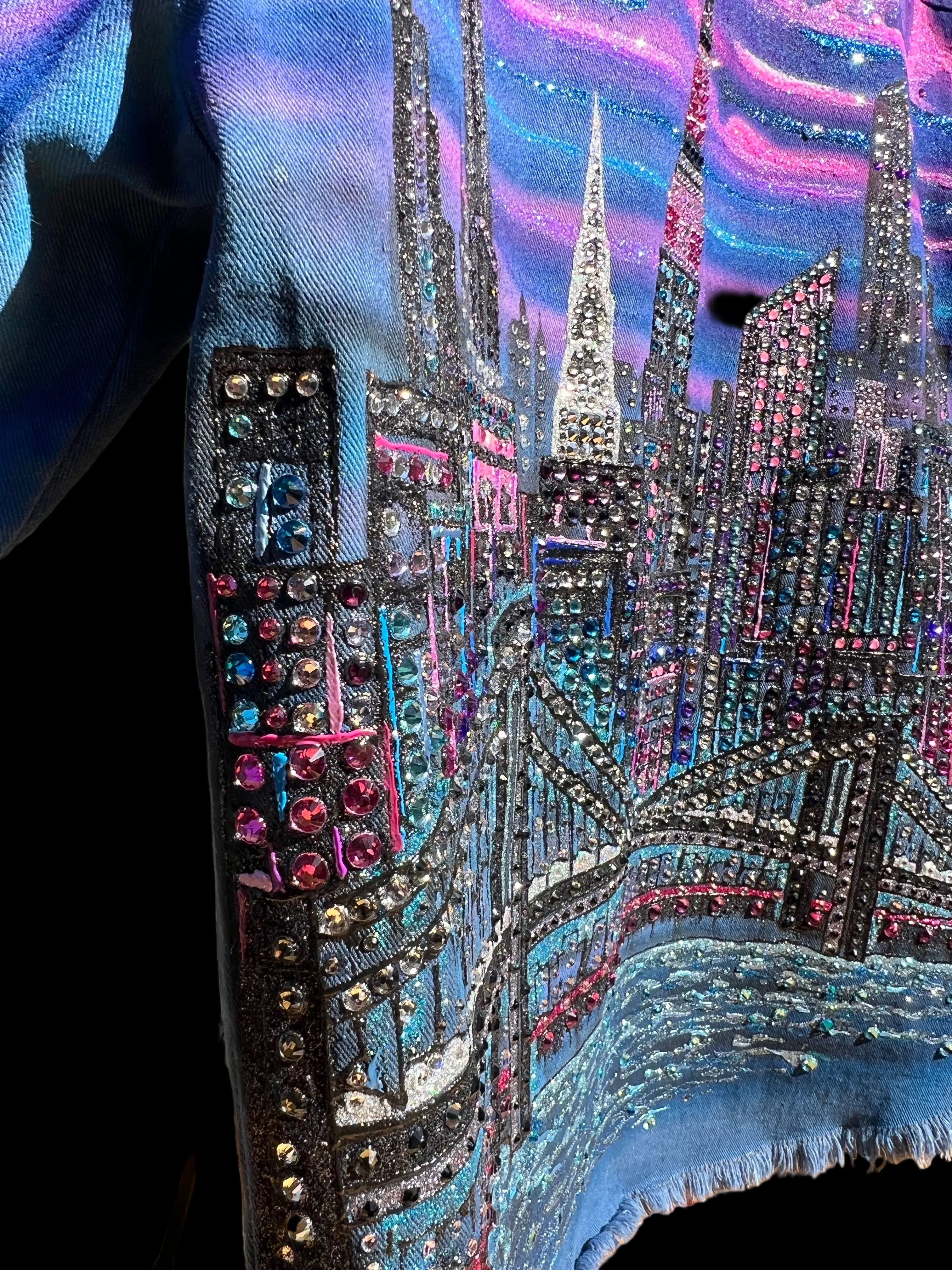 Decorative item with colorful Loria NYC Art patterns and embellishments on a textured surface