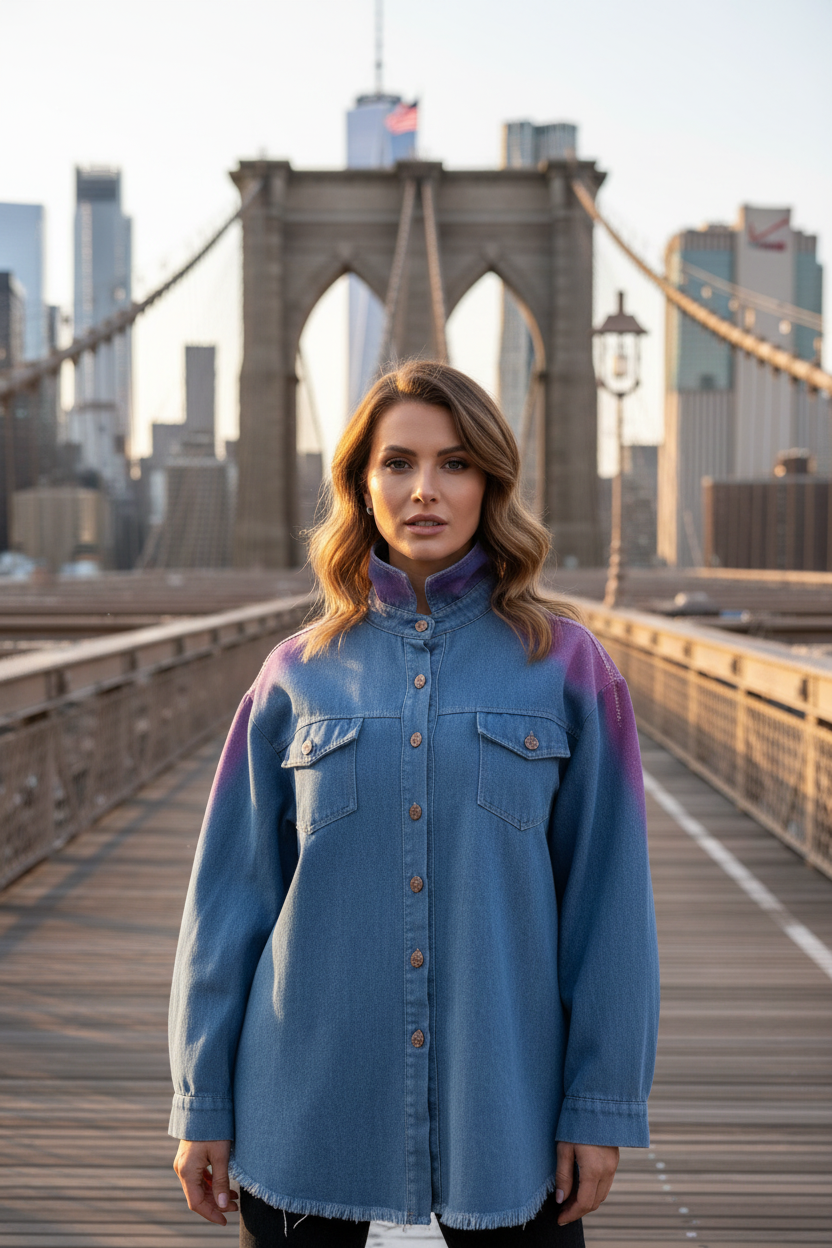 A woman stands on the Brooklyn Bridge wearing an oversized blue denim button-up Loria NYC Art shirt with purple and pink gradient accents on the shoulders and upper chest, with the city skyline in the background.