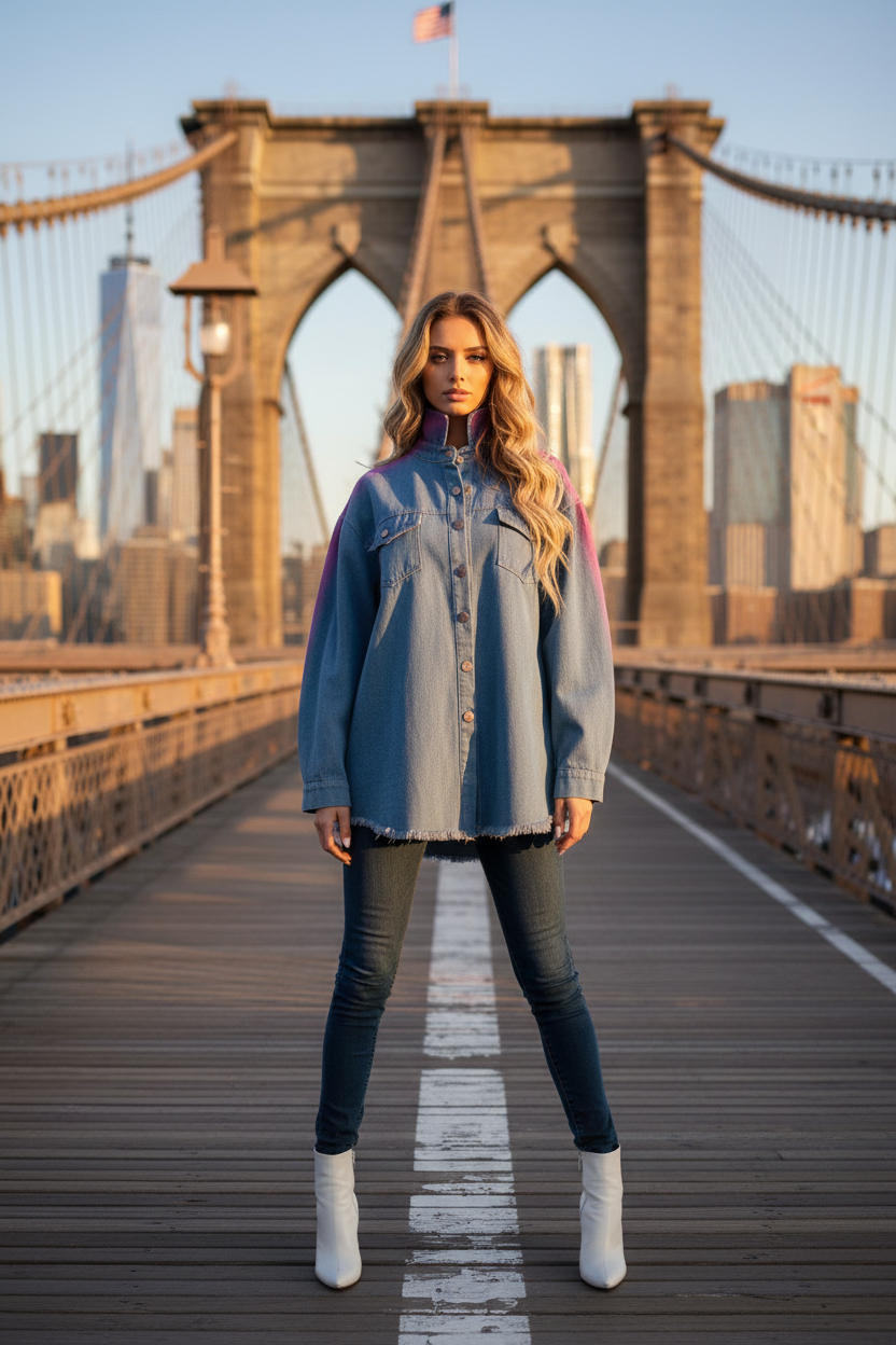A woman stands on the Brooklyn Bridge wearing an oversized Loria NYC Art light blue denim shirt, dark skinny jeans, and white ankle boots, with the bridge and city skyline behind her.