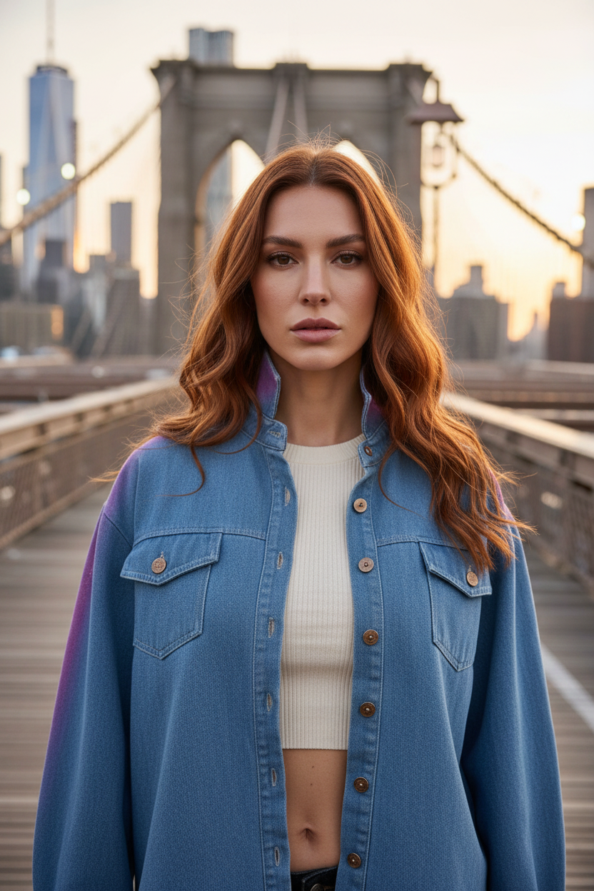 A woman stands on a city bridge at sunset wearing an oversized Loria NYC Art blue denim button-up shirt over a cream ribbed crop top. The background shows the Brooklyn Bridge and New York City skyline.