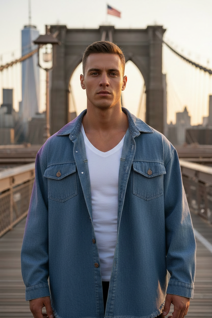 A shirtless man wearing an open blue denim Loria NYC Art button-up shirt stands on a bridge with a city skyline and suspension cables in the background.