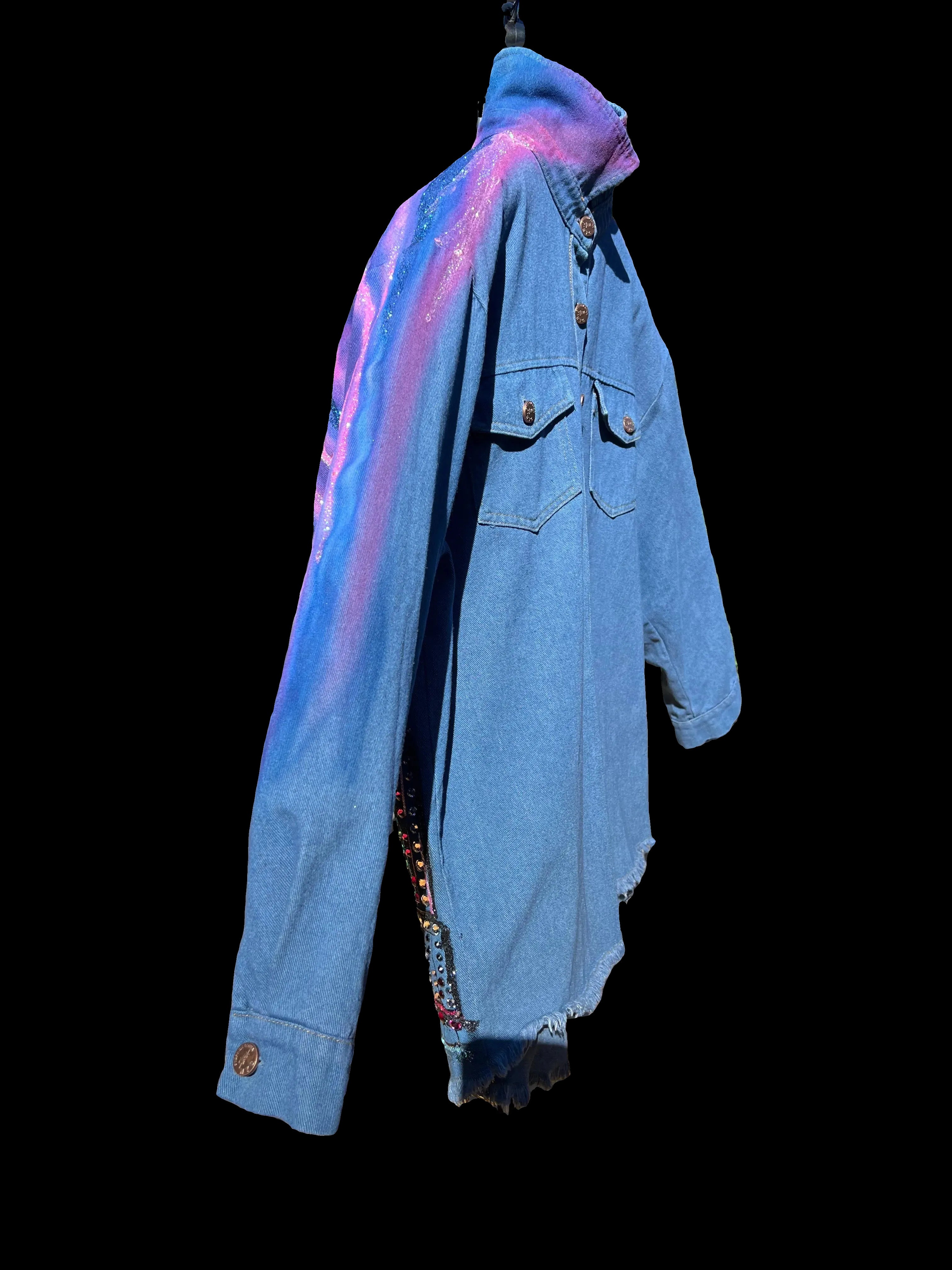 Blue Loria NYC Art denim jacket in the grey background