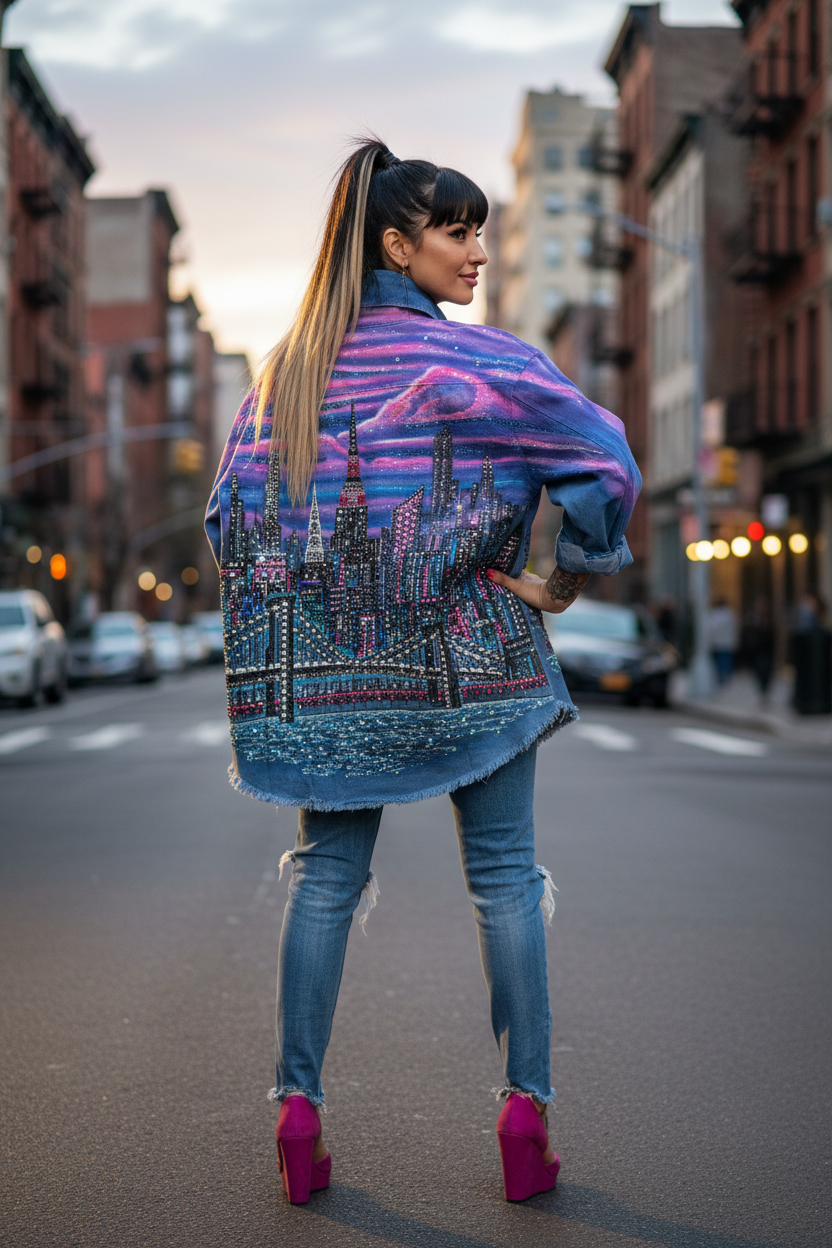 A woman stands on a city street wearing a colorful, Loria NYC Art embellished blue denim jacket with a city skyline design, paired with ripped blue jeans and bright pink high heels.