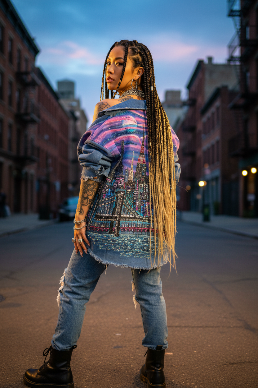 A woman stands on a city street at dusk wearing a colorful Loria NYC Art denim jacket with a cross motif, distressed blue jeans, and black boots.