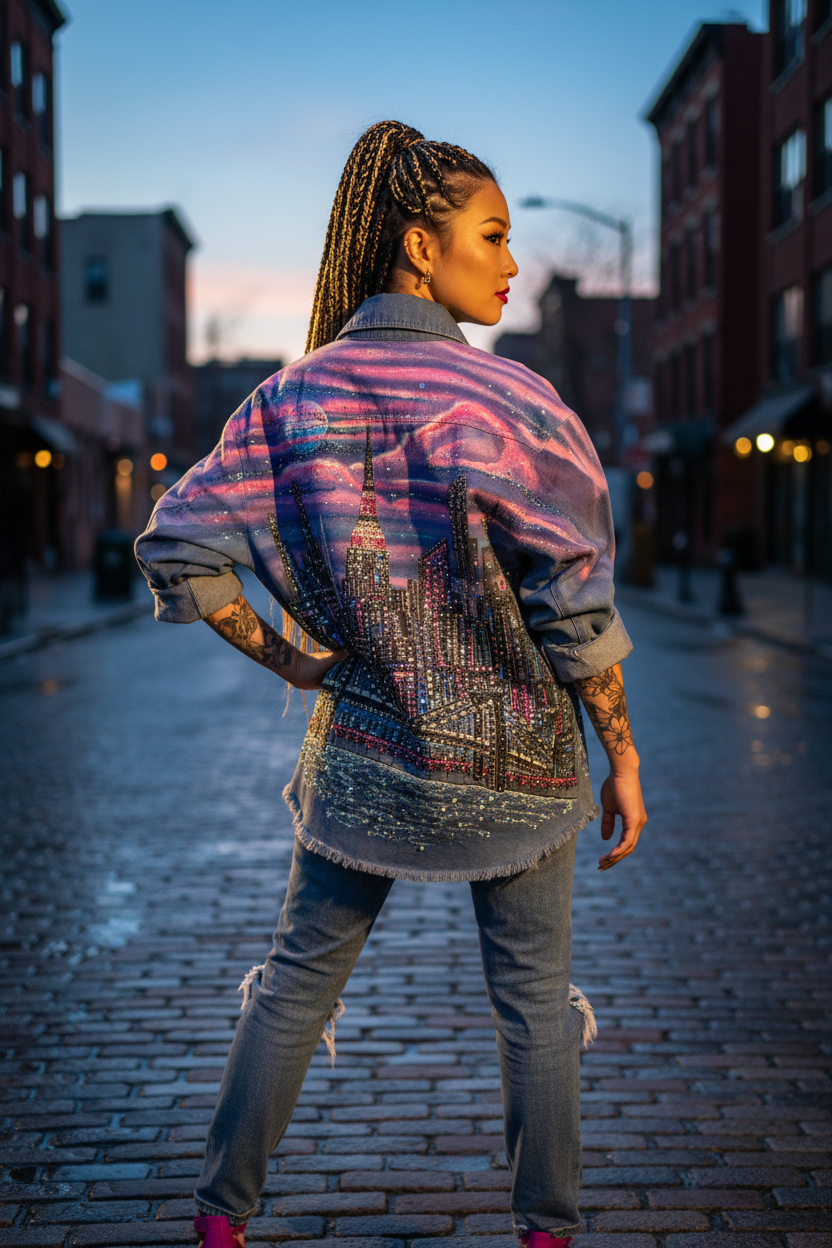A woman stands on a cobblestone city street at dusk, photographed from behind, wearing a loose Loria NYC Art jacket with pink, purple, blue, and metallic multicolor designs, gray jeans, and bright pink shoes.