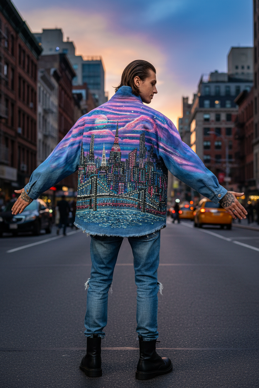 A person standing on a city street at sunset, viewed from behind, wearing a colorful Loria NYC Art jacket with a city skyline and pink sky design, blue jeans, and black boots.