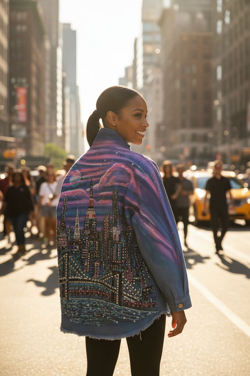 Woman wearing a colorful cityscape Loria NYC Art jacket on a busy street