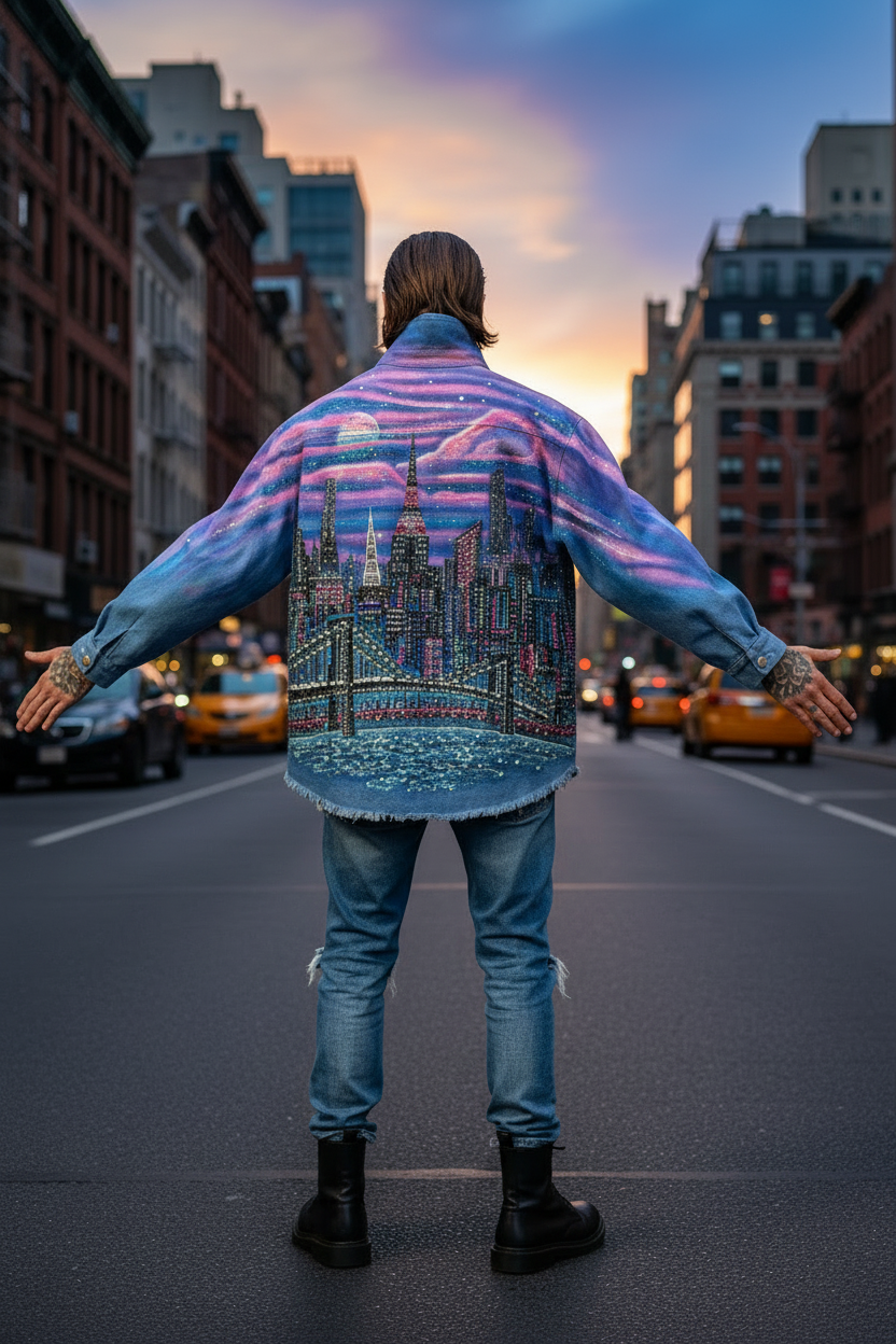 A person standing on a city street at sunset, viewed from behind, wearing a blue denim jacket with a colorful Loria NYC Art cityscape and bridge design across the back, paired with blue jeans and black boots.