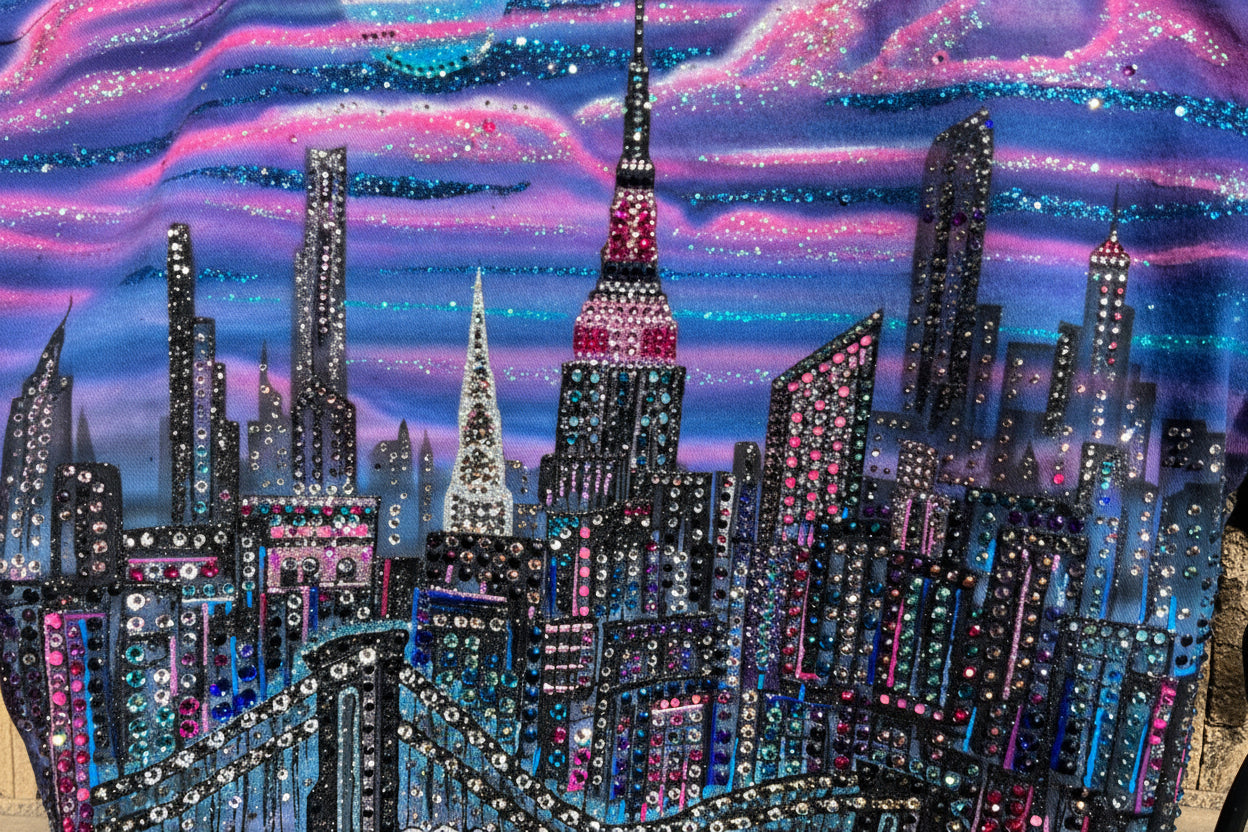 Backpack with a cityscape Loria NYC Art design and colorful pattern