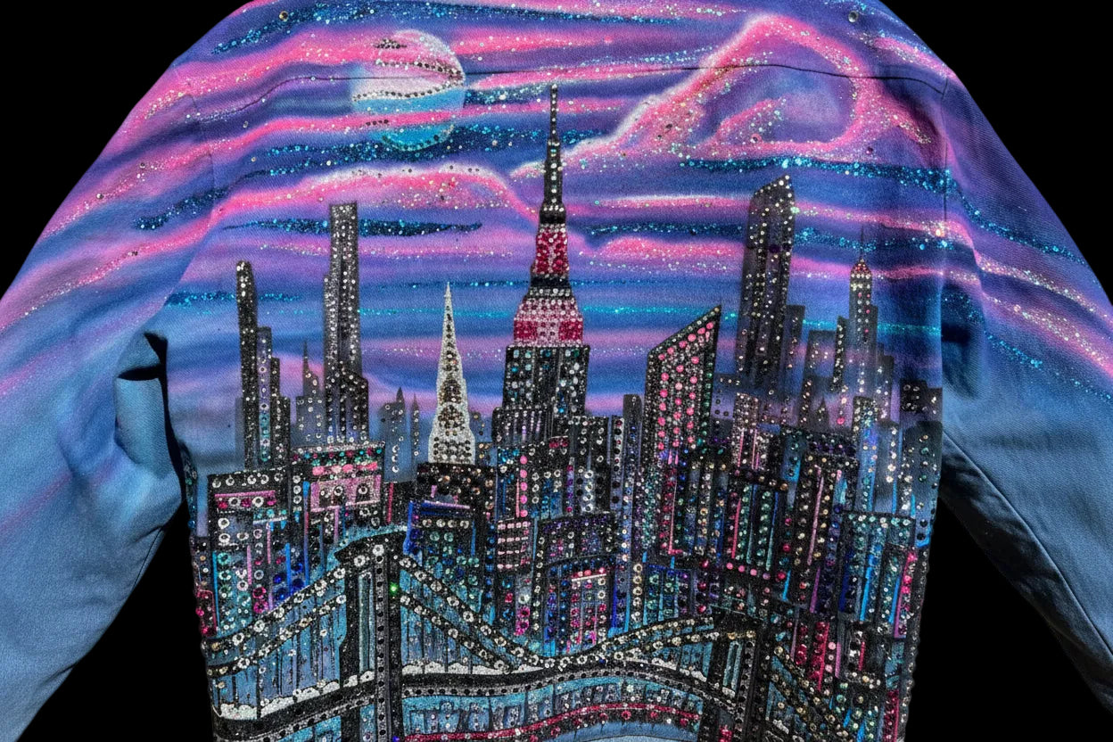 Backpack with a cityscape Loria NYC Art design and colorful with black background 