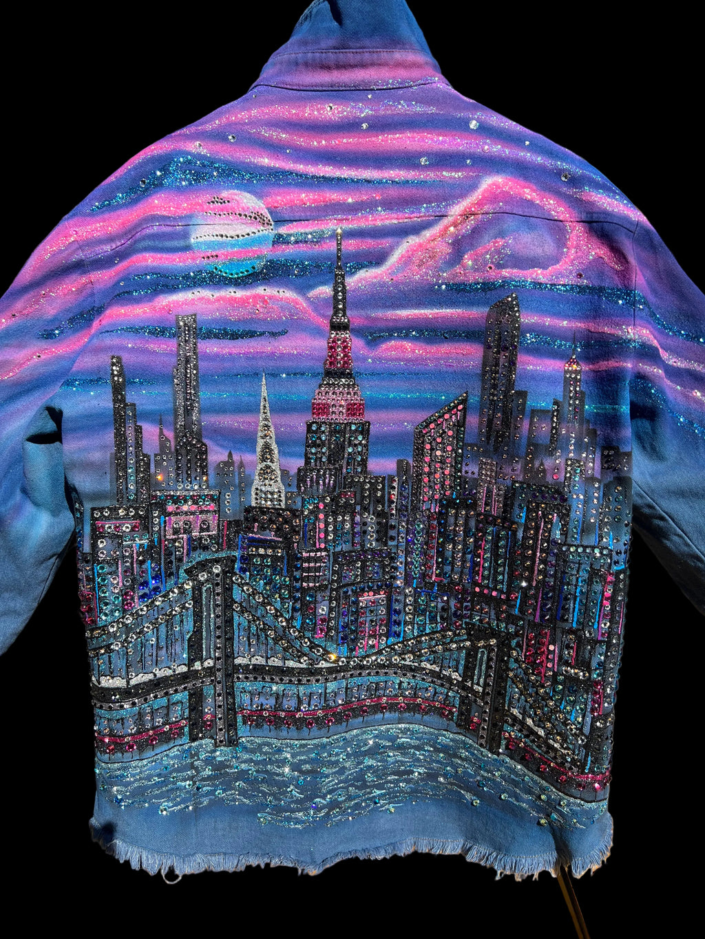 Cityscape design on a colorful Loria NYC Art fabric with black background