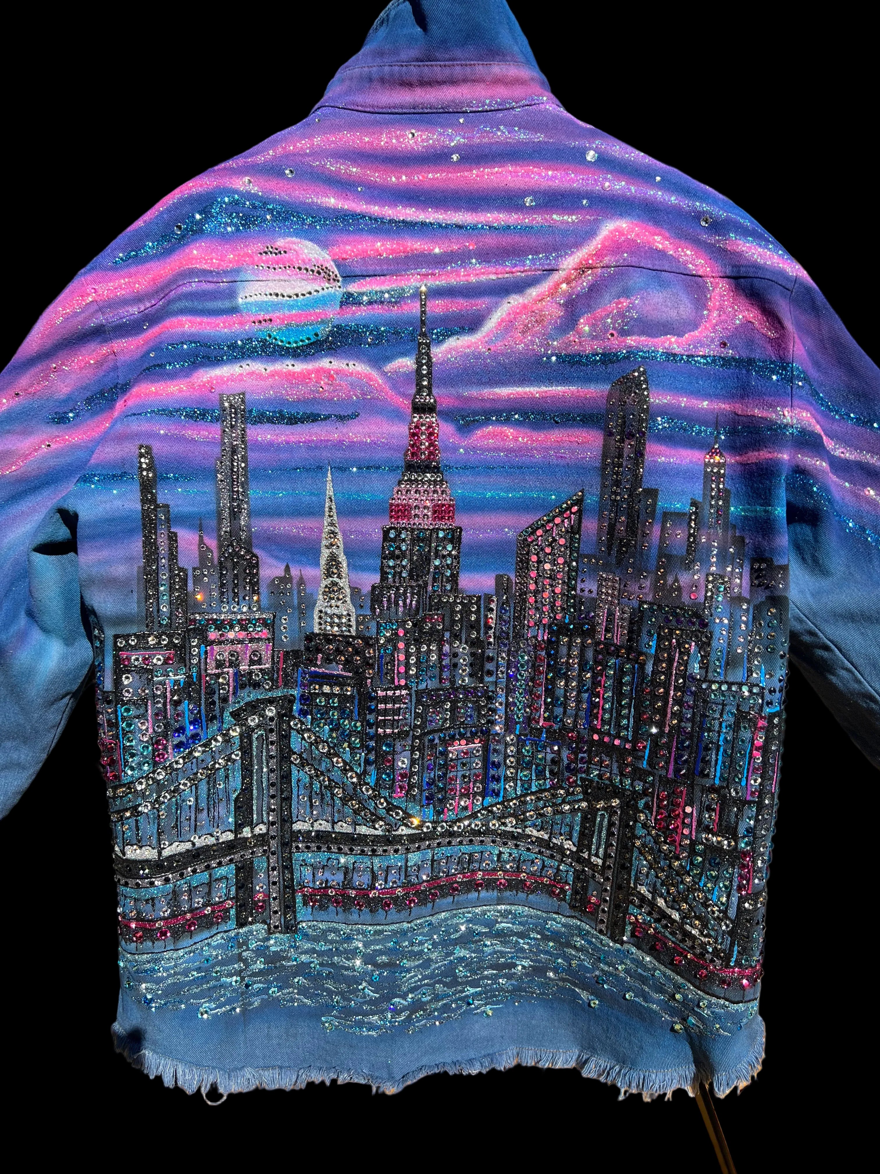 Cityscape design on a colorful Loria NYC Art fabric with black background