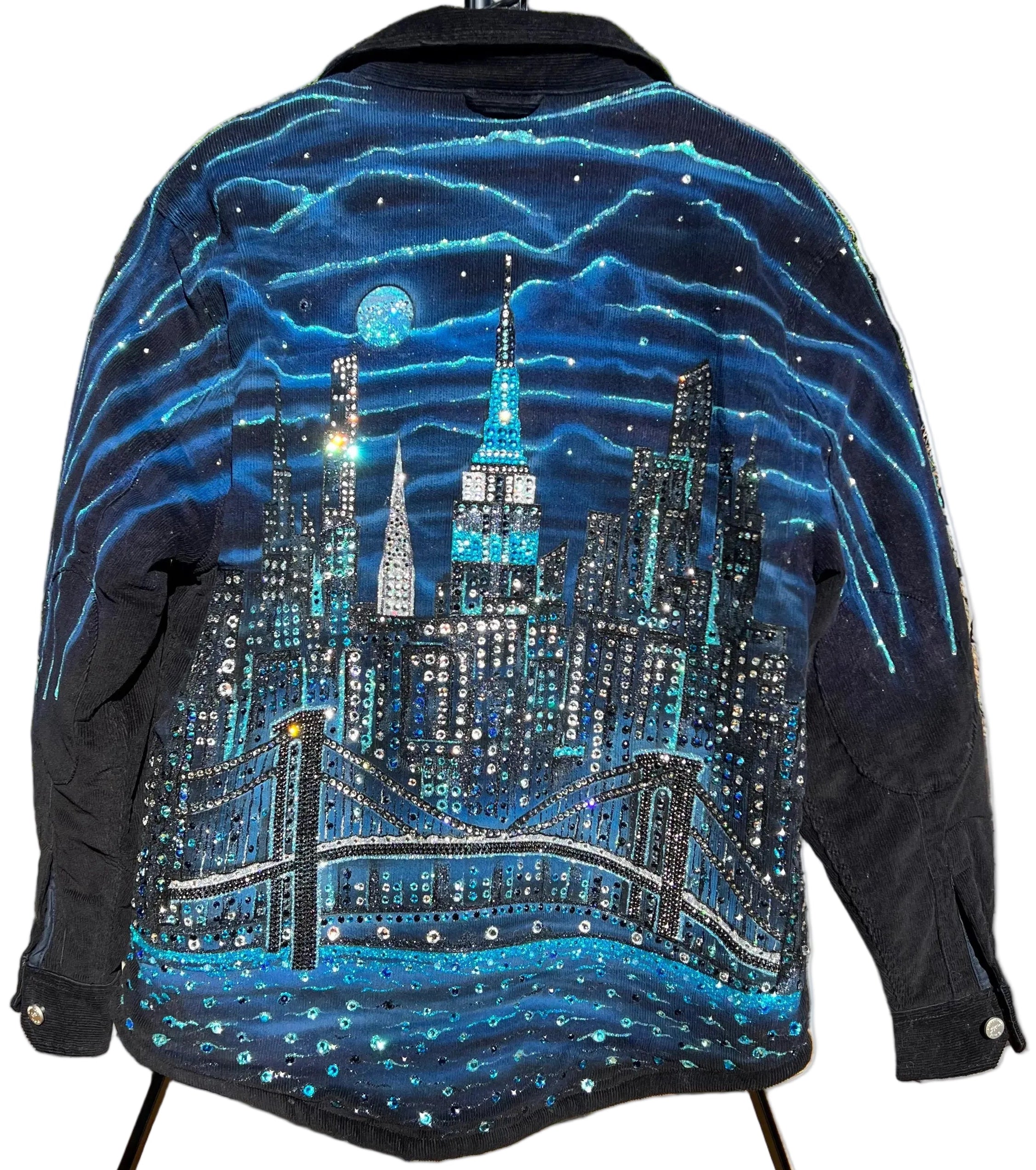 Blue jacket with cityscape Loria NYC Art design on a white  background