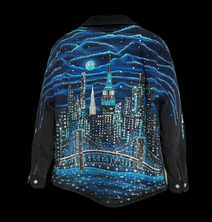  Jacket with a Loria NYC Art cityscape design on a black background