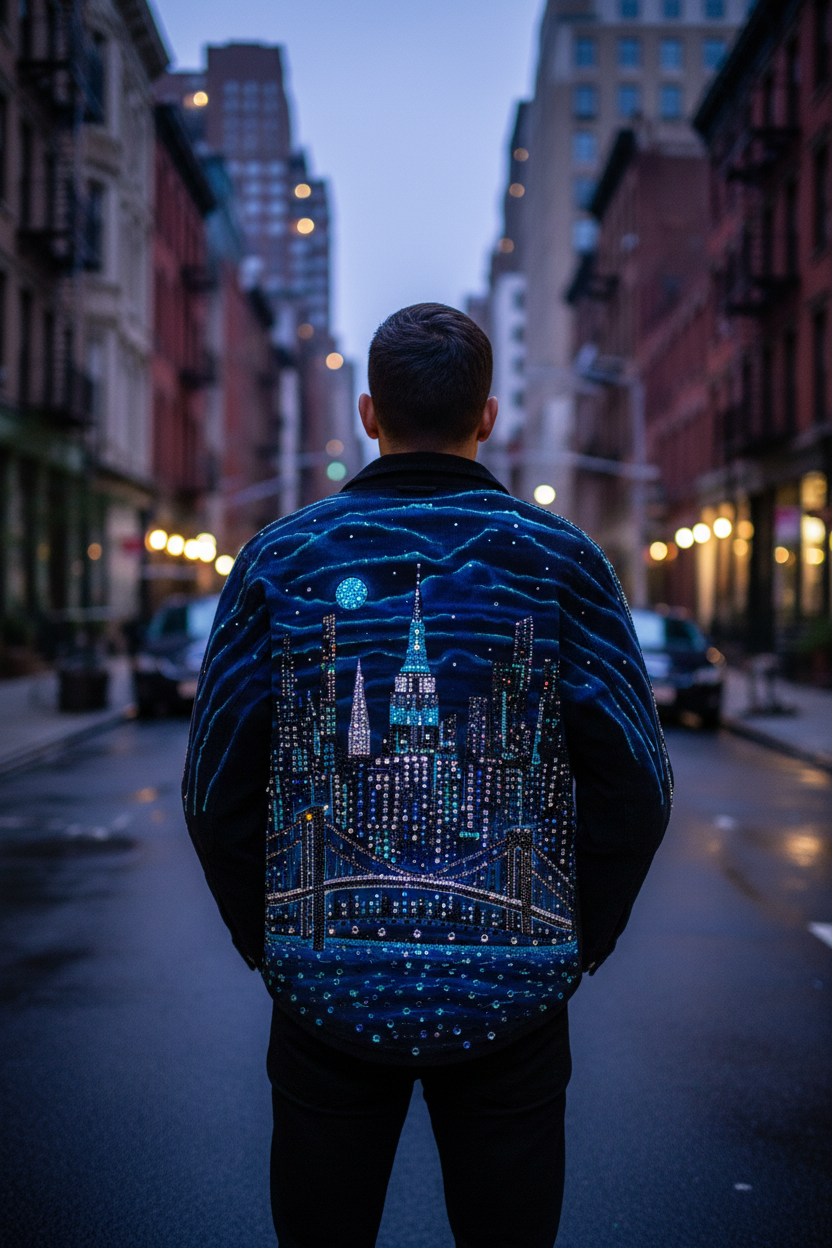 Person wearing a jacket with a cityscape Loria NYC Art design at night on a city street.