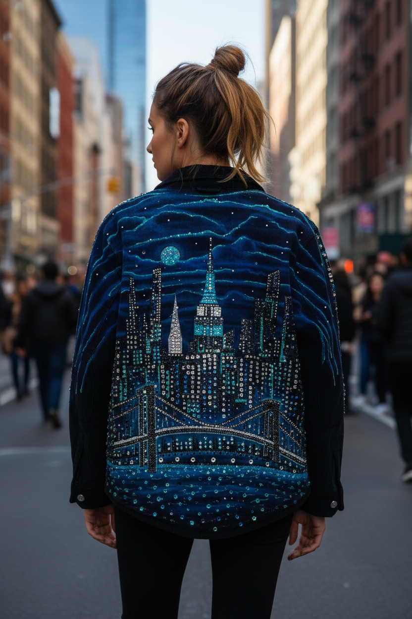 Person wearing a blue jacket with a cityscape Loria NYC Art design on a city street