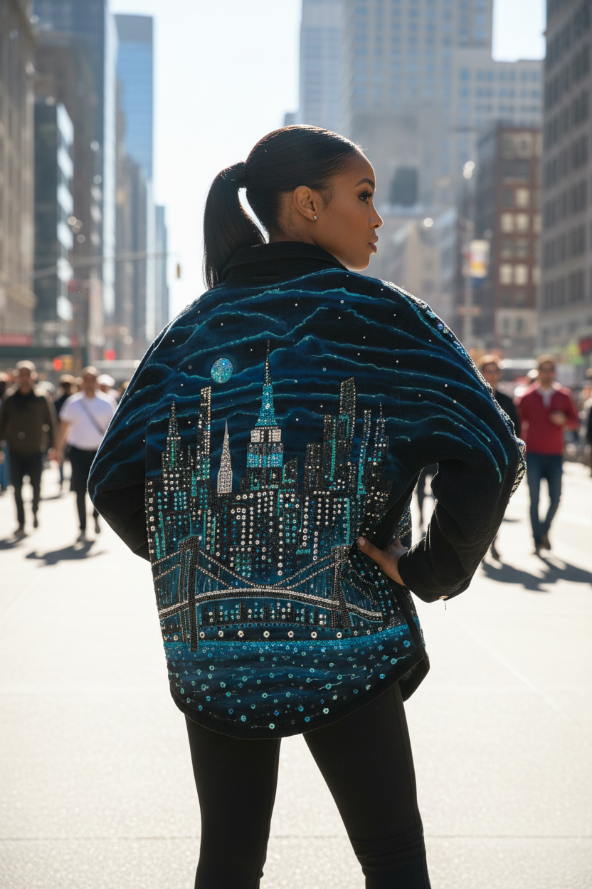 Person wearing a decorative jacket with a cityscape Loria NYC Art design in an urban setting