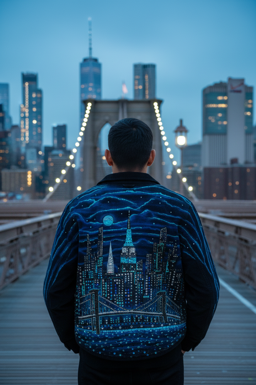 Person wearing a jacket with a cityscape Loria NYC Art design on a bridge at night.