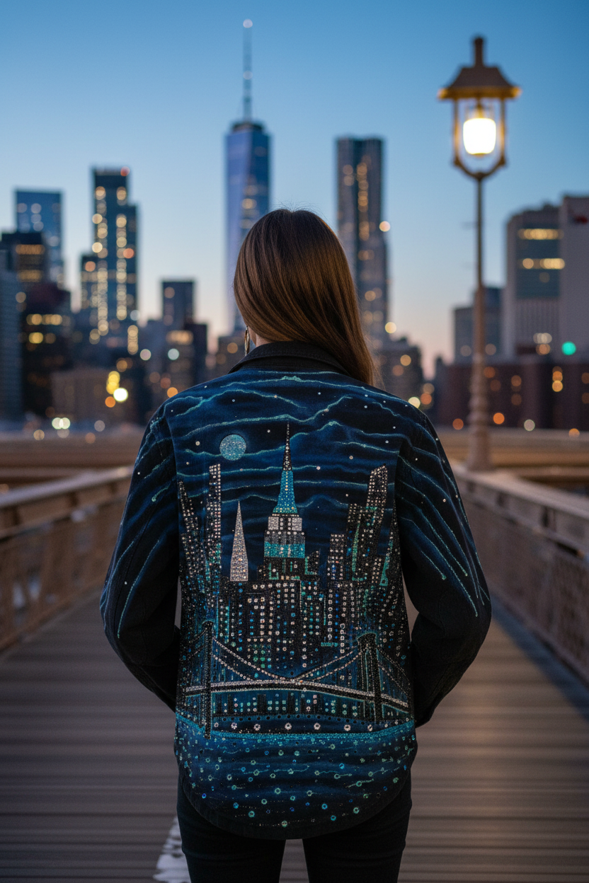 Person wearing a jacket with a Loria NYC Art cityscape design, standing on a bridge with a city skyline in the background.
