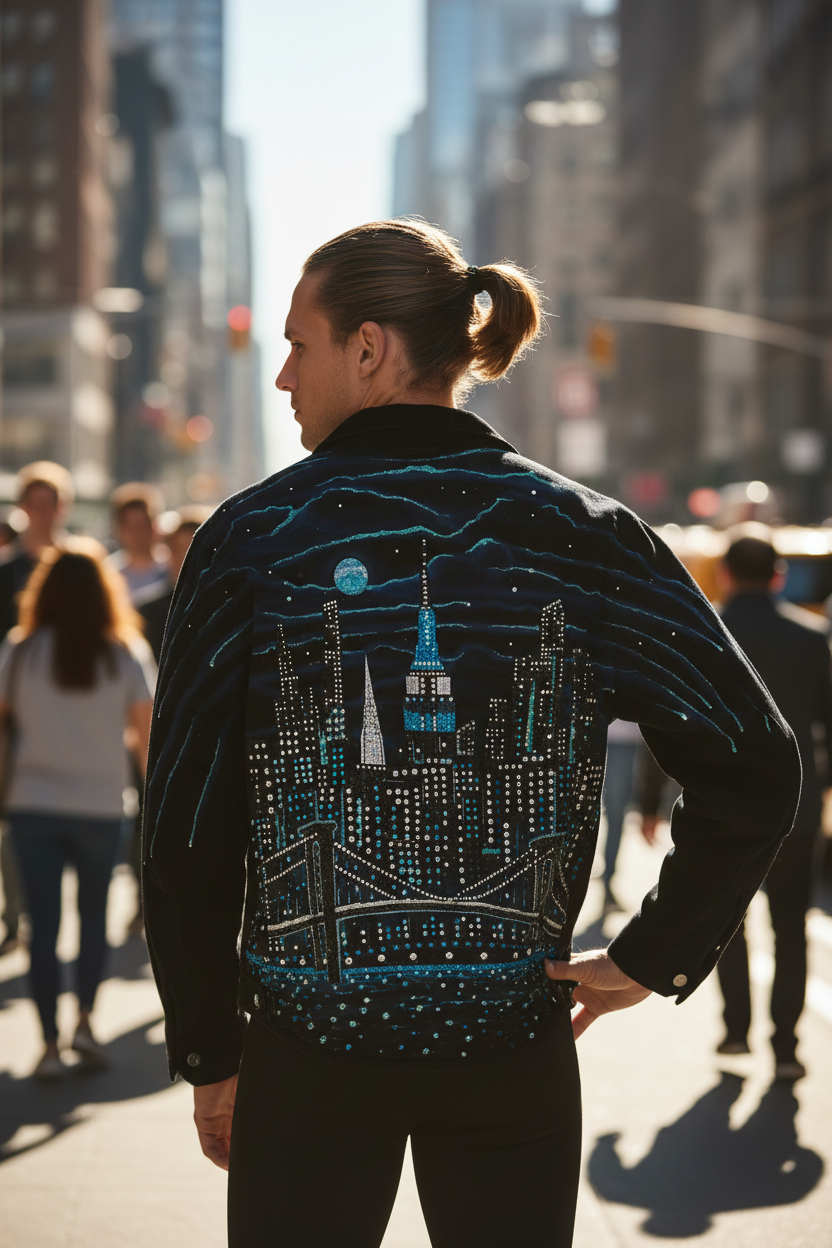 Person wearing a jacket with a Loria NYC Art cityscape design on a busy street