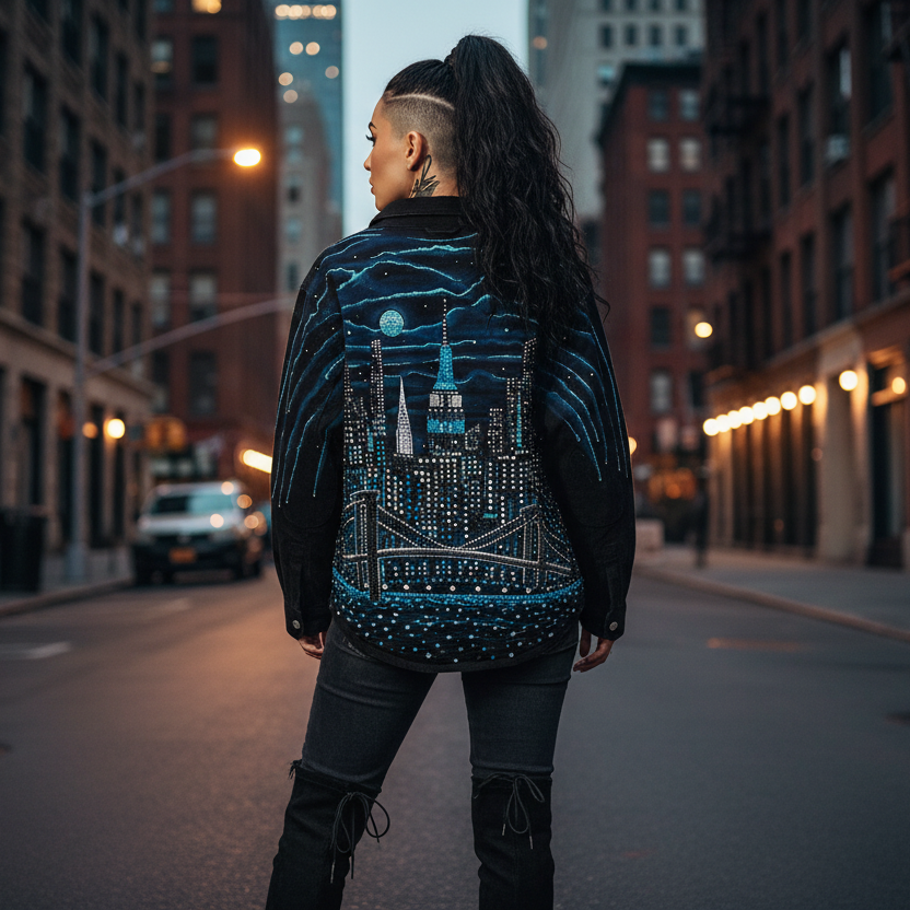 Person wearing a jacket with a cityscape Loria NYC Art design on a city street at night.