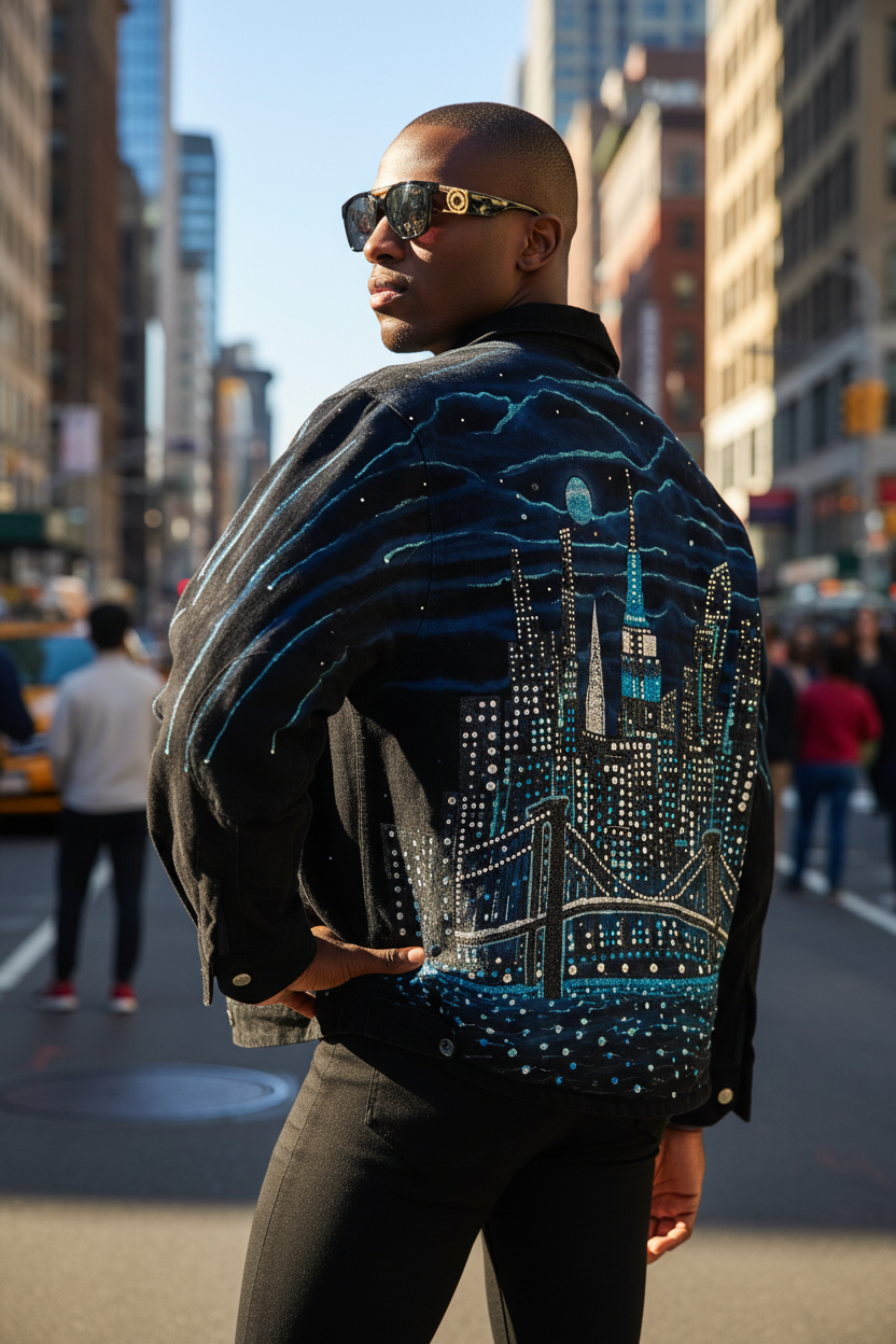 Man wearing a stylish Loria NYC Art jacket with a cityscape design on a city street.