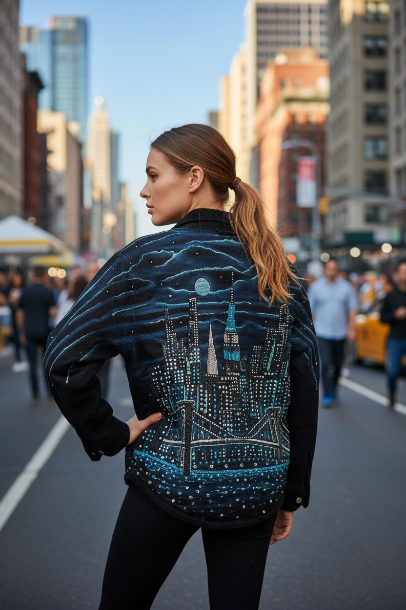 Person wearing a jacket with a cityscape Loria NYC Art design in an urban setting