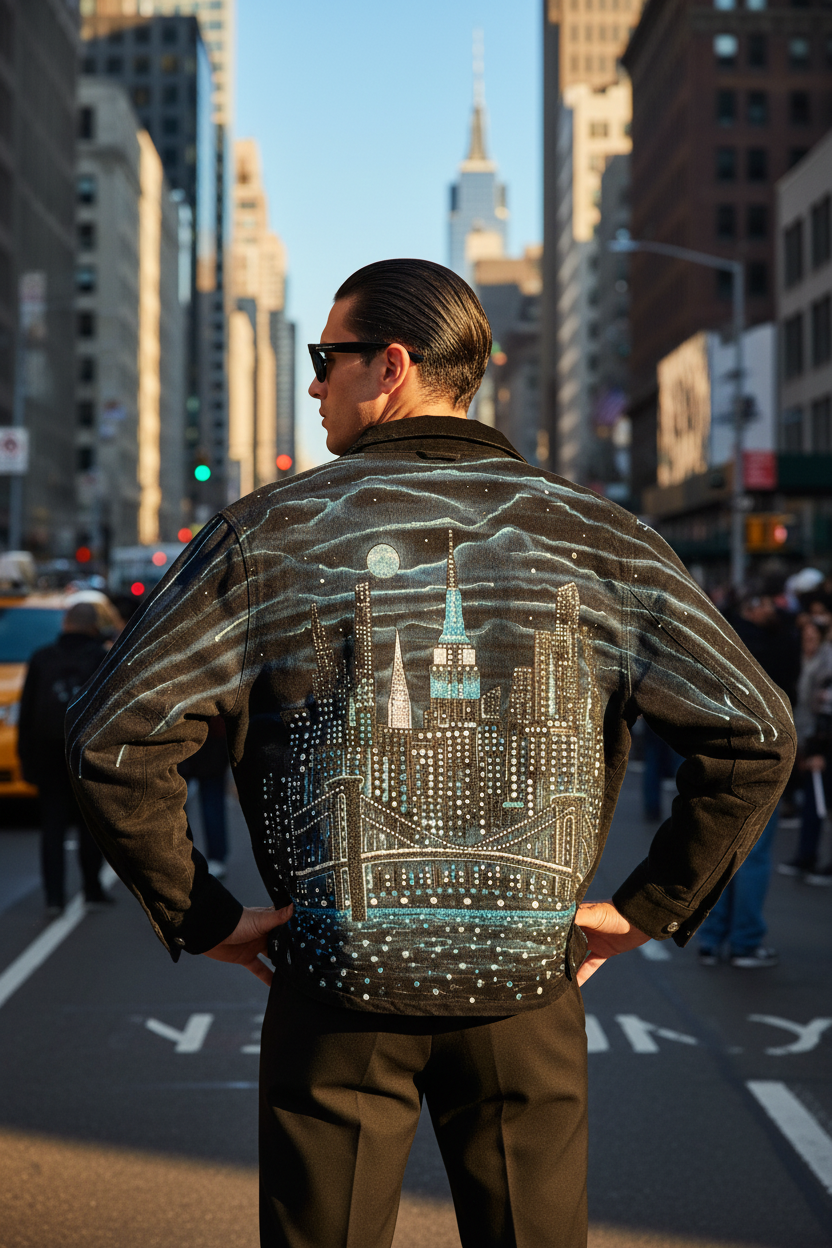 Man wearing a jacket with a cityscape Loria NYC Art design on a city street