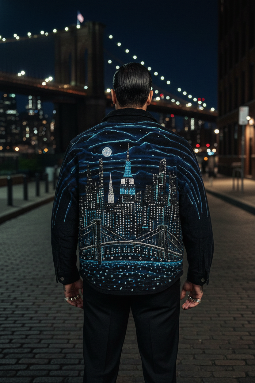 Person wearing a backpack with a cityscape Loria NYC Art design under a lit-up bridge at night.