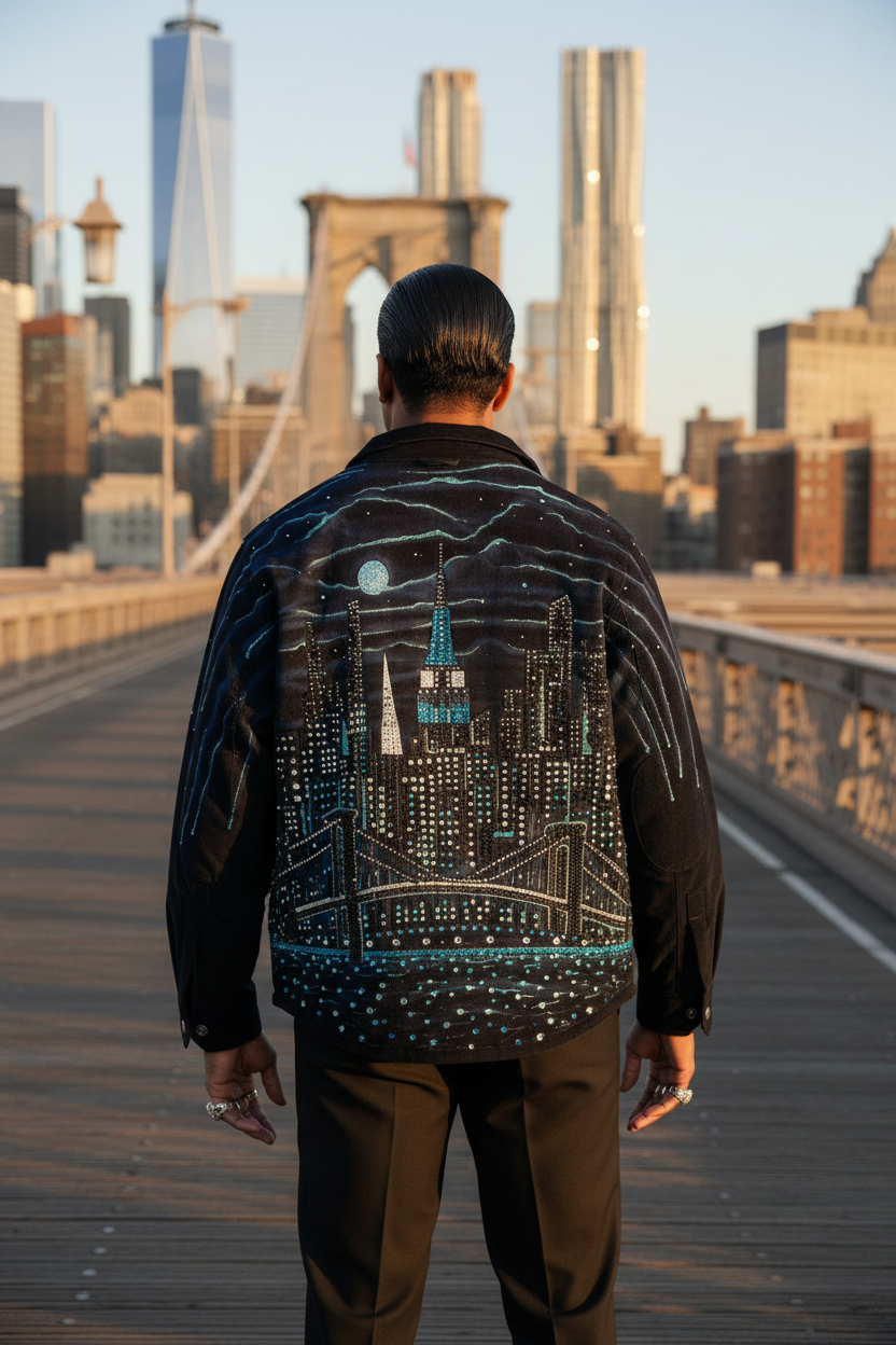 Person wearing a jacket with a Loria NYC Art cityscape design, standing on a bridge with a city skyline in the background.