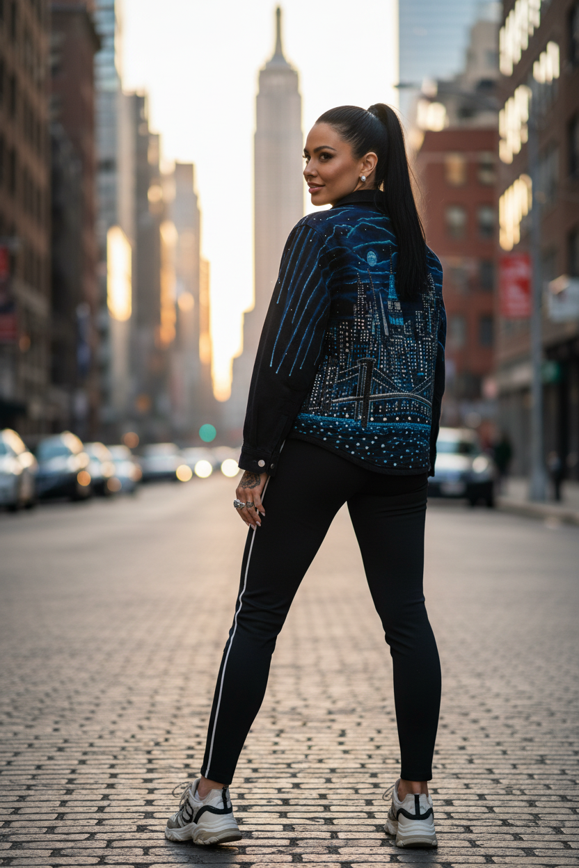 Woman walking on a city street wearing a Loria NYC Art  jacket and black leggings.