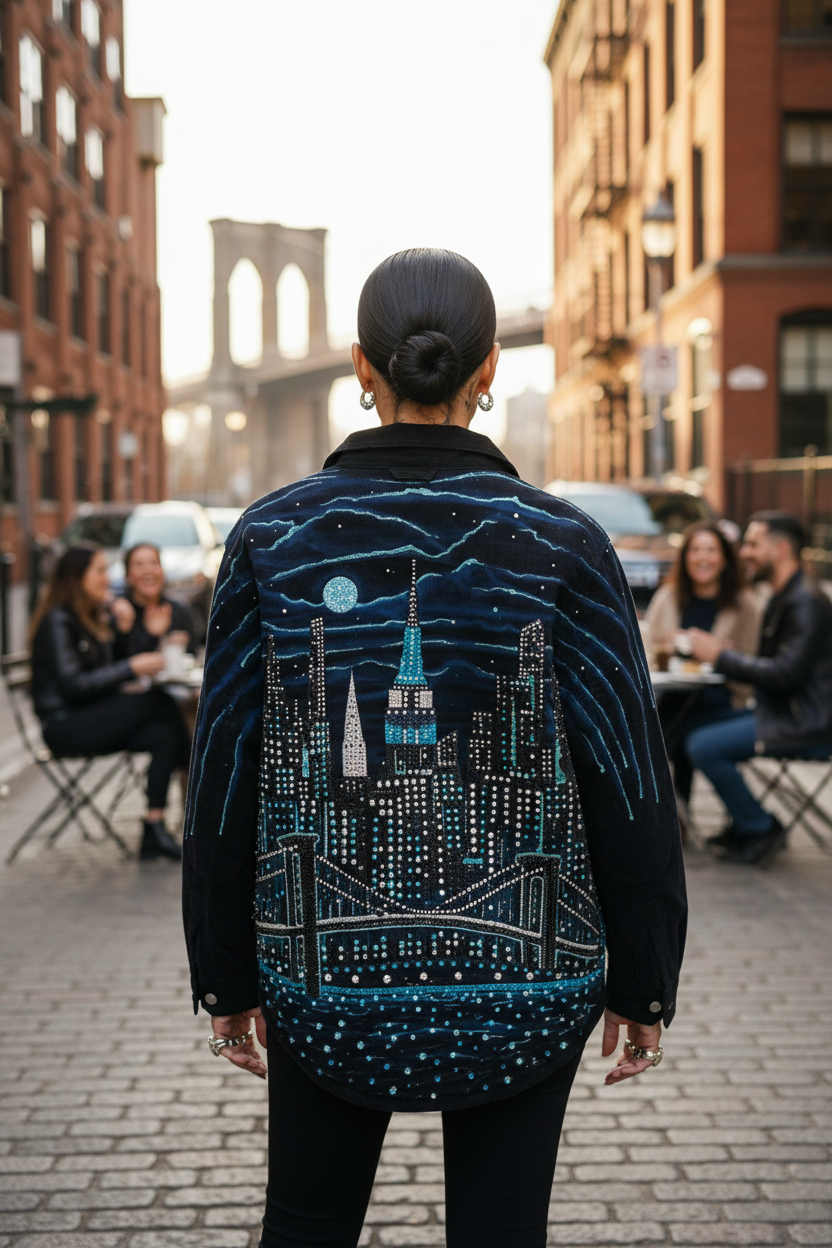 Person wearing a jacket with a cityscape Loria NYC Art design on a street in an urban setting
