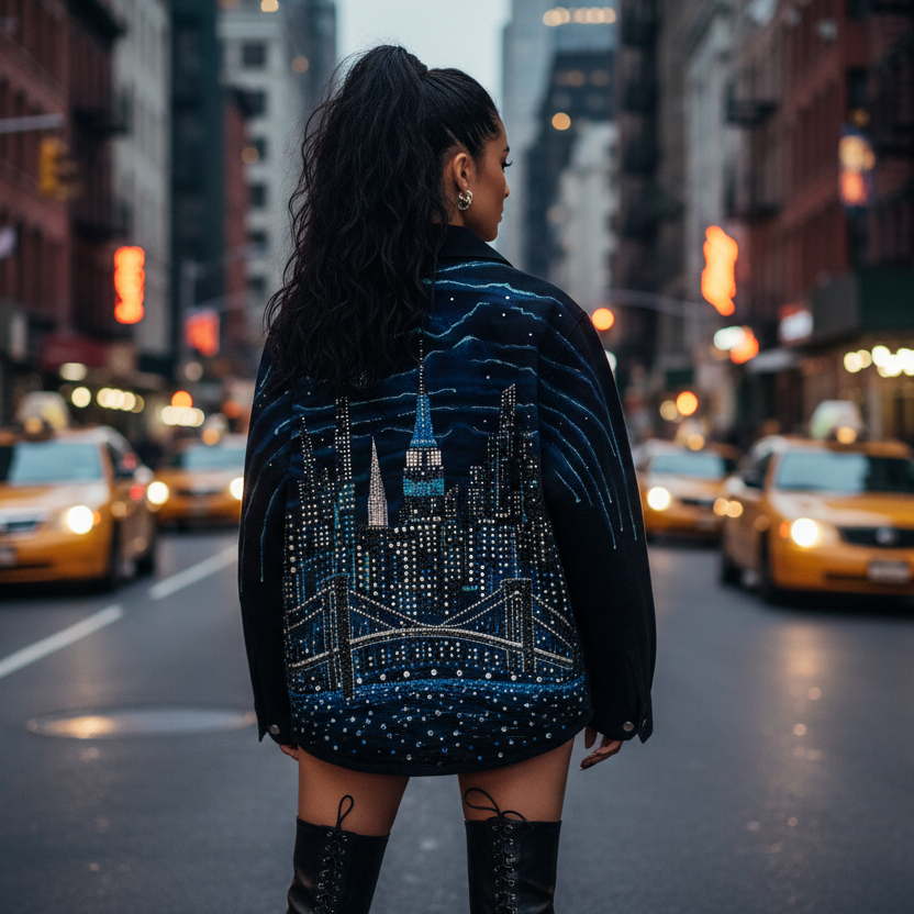 Person wearing a jacket with a Loria NYC Art cityscape design on a busy street in New York City.