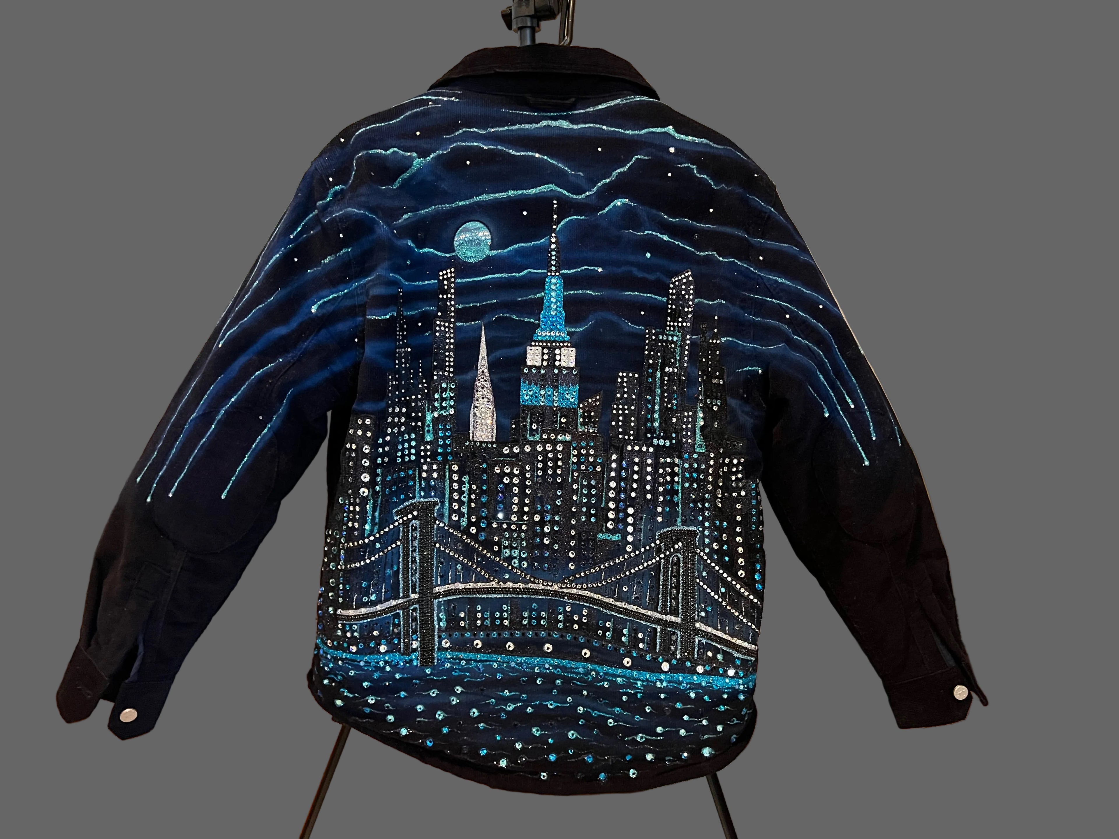 Black jacket with a cityscape Loria NYC Art design on grey background 