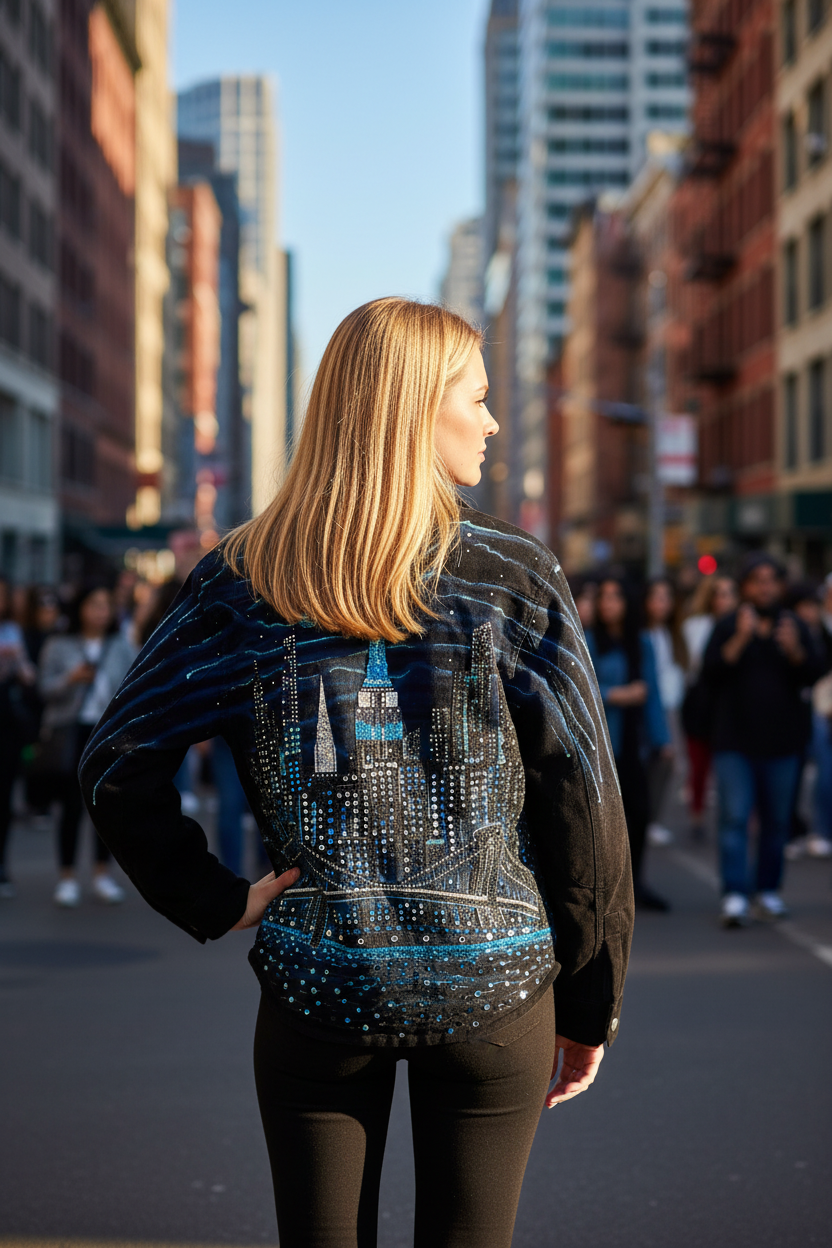 Person wearing a jacket with a cityscape Loria NYC Art design in an urban setting