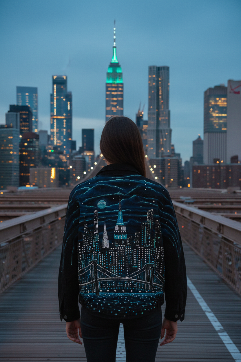 Person wearing a jacket with a cityscape Loria NYC Art design, standing on a bridge with a city skyline in the background.