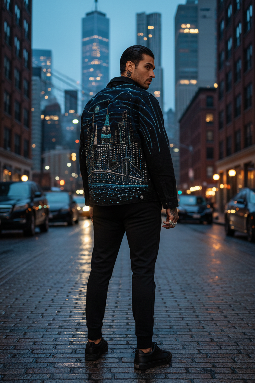 Person wearing a Loria NYC Art jacket with cityscape design on a city street at night.