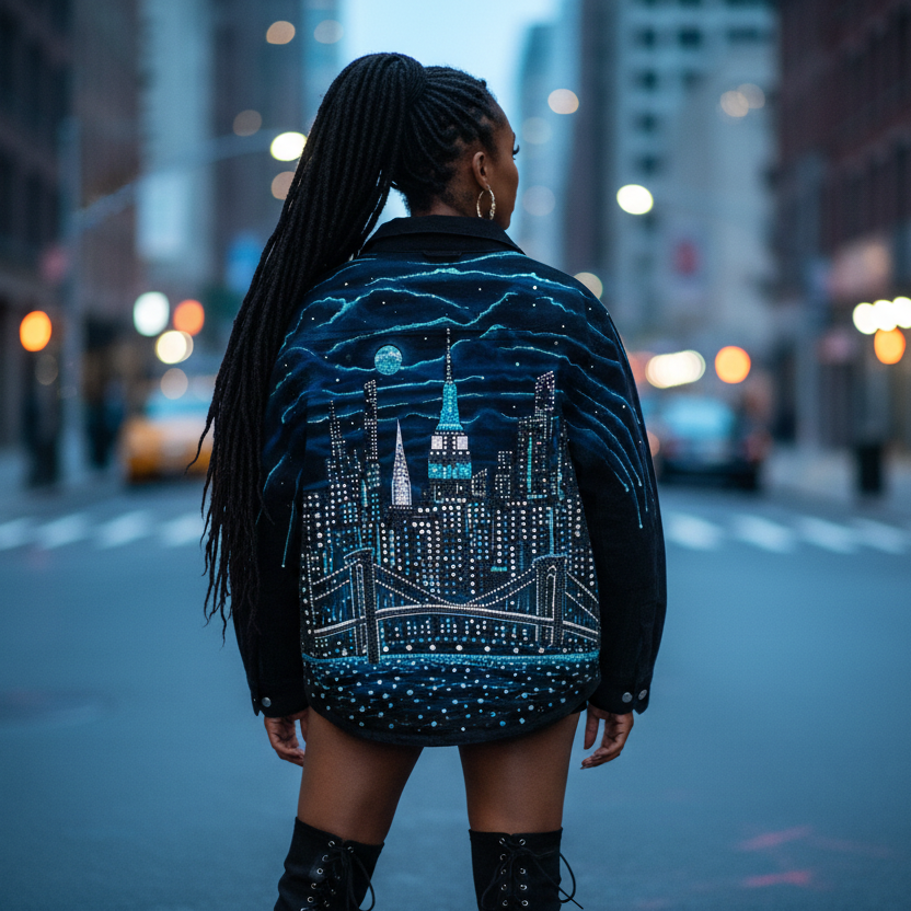 Person wearing a jacket with a cityscape Loria NYC Art design on a city street at night.