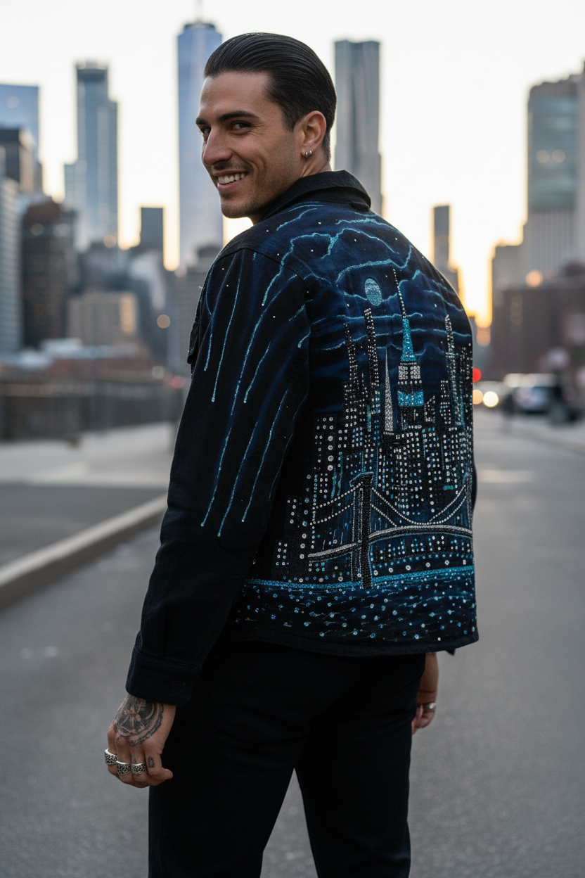Man wearing a black Loria NYC Art jacket with blue patterns standing on a city street.