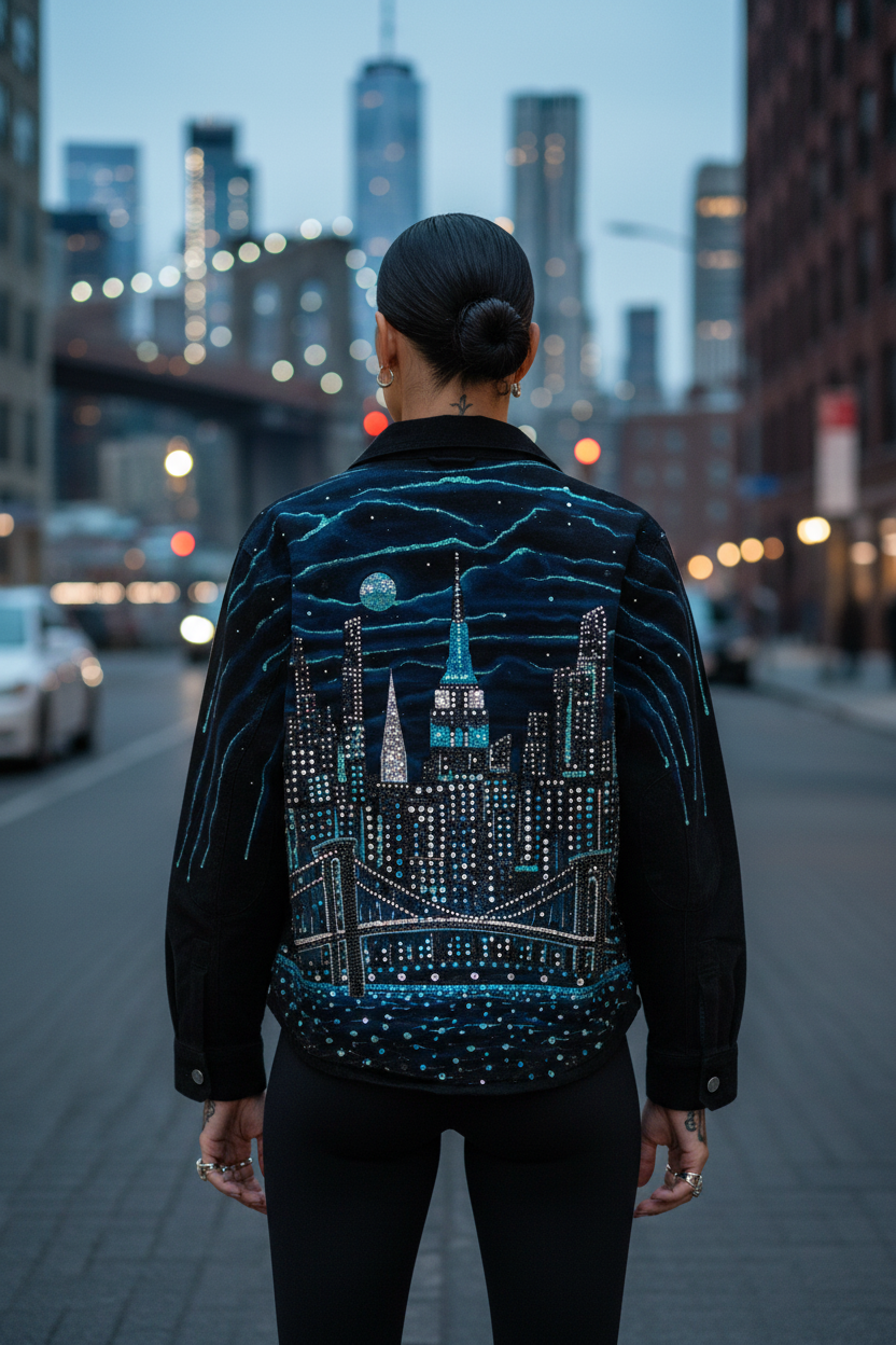 Person wearing a jacket with a Loria NYC Art cityscape design on a city street at night.